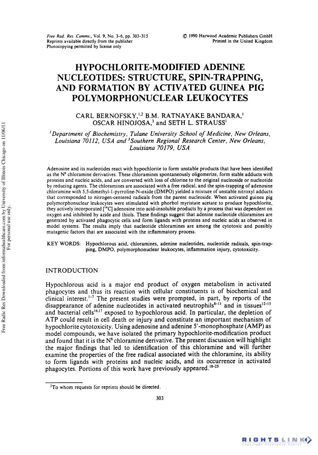 Hypochlorite-Modified Adenine Nucleotides: Structure, Spin-Trapping, and Formation by Activated Guinea Pig Polymorphonuclear Leukocytes by Carl Bernofsky1 B. M. Ratnayake Bandara1 Oscar Hinojosa2 & Seth L. Strauss1