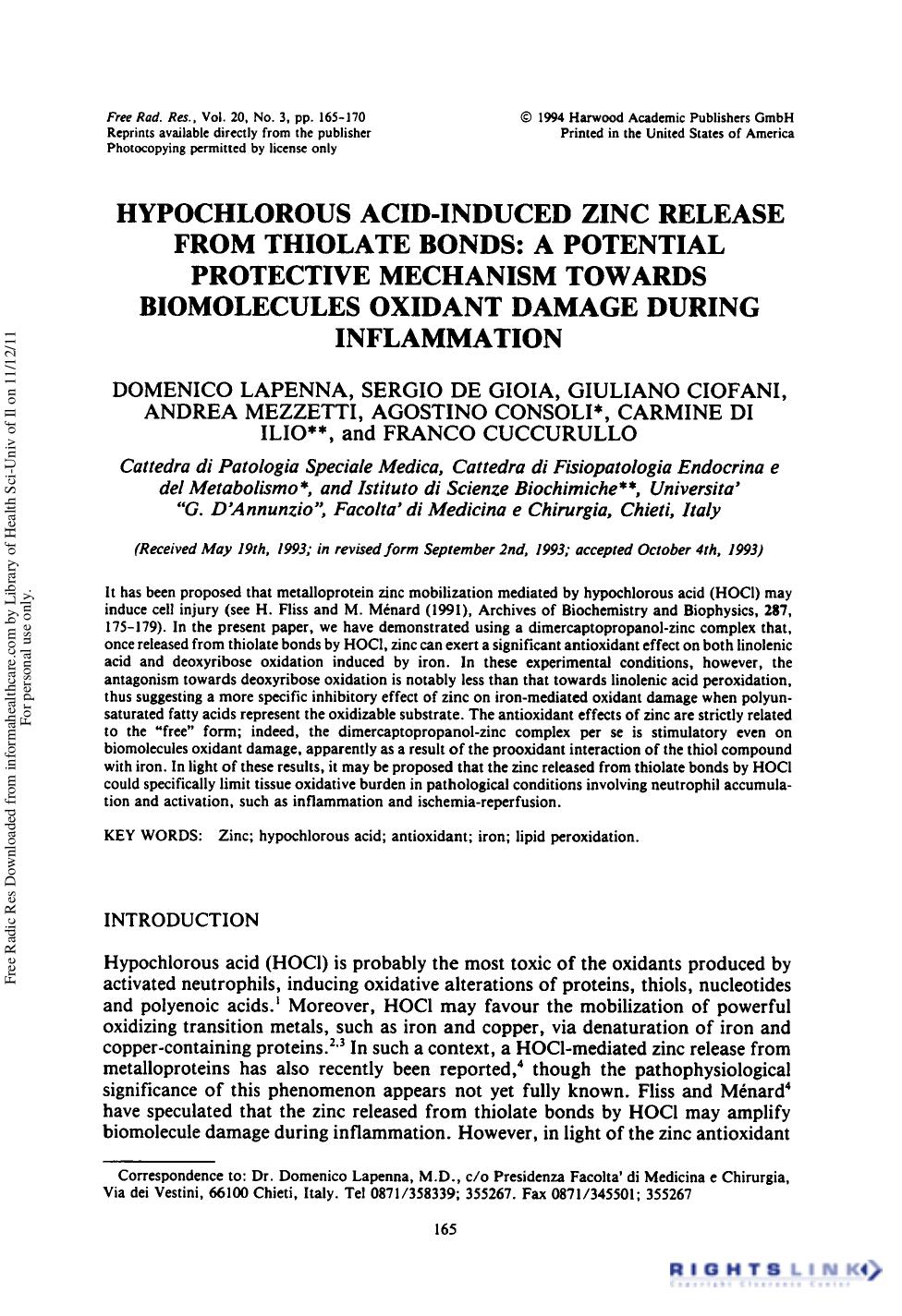 Hypochlorous Acid-Induced Zinc Release from Thiolate Bonds: a Potential Protective Mechanism Towards Biomolecules Oxidant Damage During Inflammation by unknow