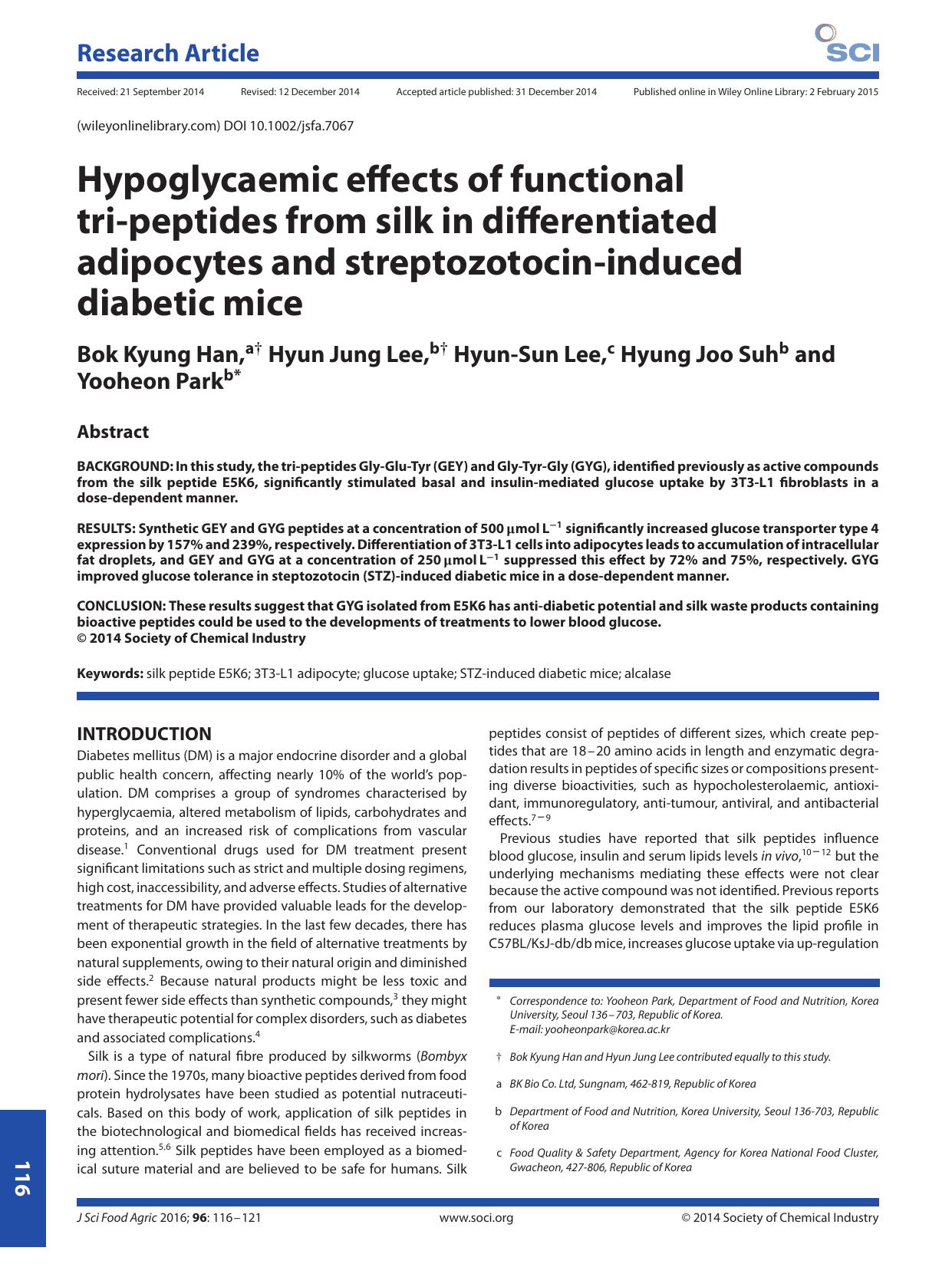 Hypoglycaemic effects of functional tri-peptides from silk in differentiated adipocytes and streptozotocin-induced diabetic mice by Unknown