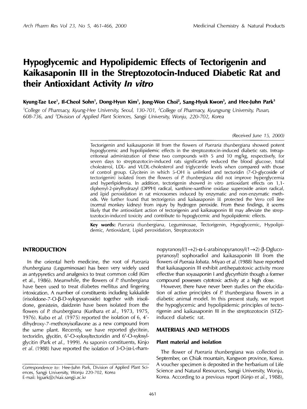 Hypoglycemic and hypolipidemic effects of tectorigenin and kaikasaponin III in the streptozotocin-induced diabetic rat and their antioxidant activity <Emphasis Type="Italic">in vitro <Emphasis> by Unknown
