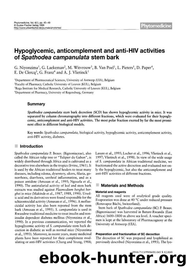Hypoglycemic, anticomplement and anti-HIV activities of Spathodea campanulata stem bark by unknow
