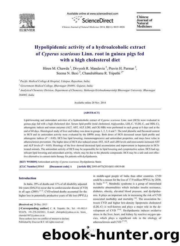 Hypolipidemic activity of a hydroalcoholic extract of Cyperus scariosus Linn. root in guinea pigs fed with a high cholesterol diet by Hiren M. Chawda & Divyesh R. Mandavia & Pravin H. Parmar & Seema N. Baxi & Chandrabhanu R. Tripathi