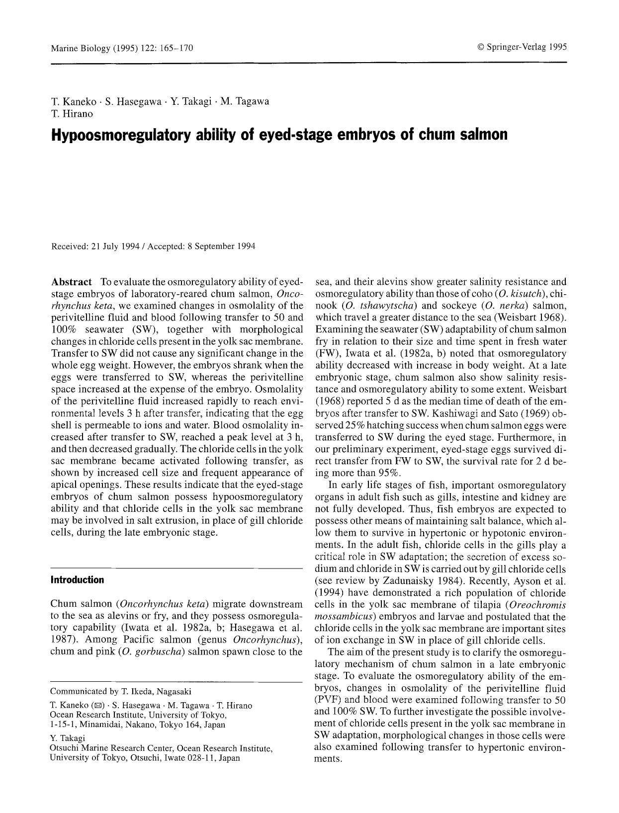 Hypoosmoregulatory ability of eyed-stage embryos of chum salmon by Unknown