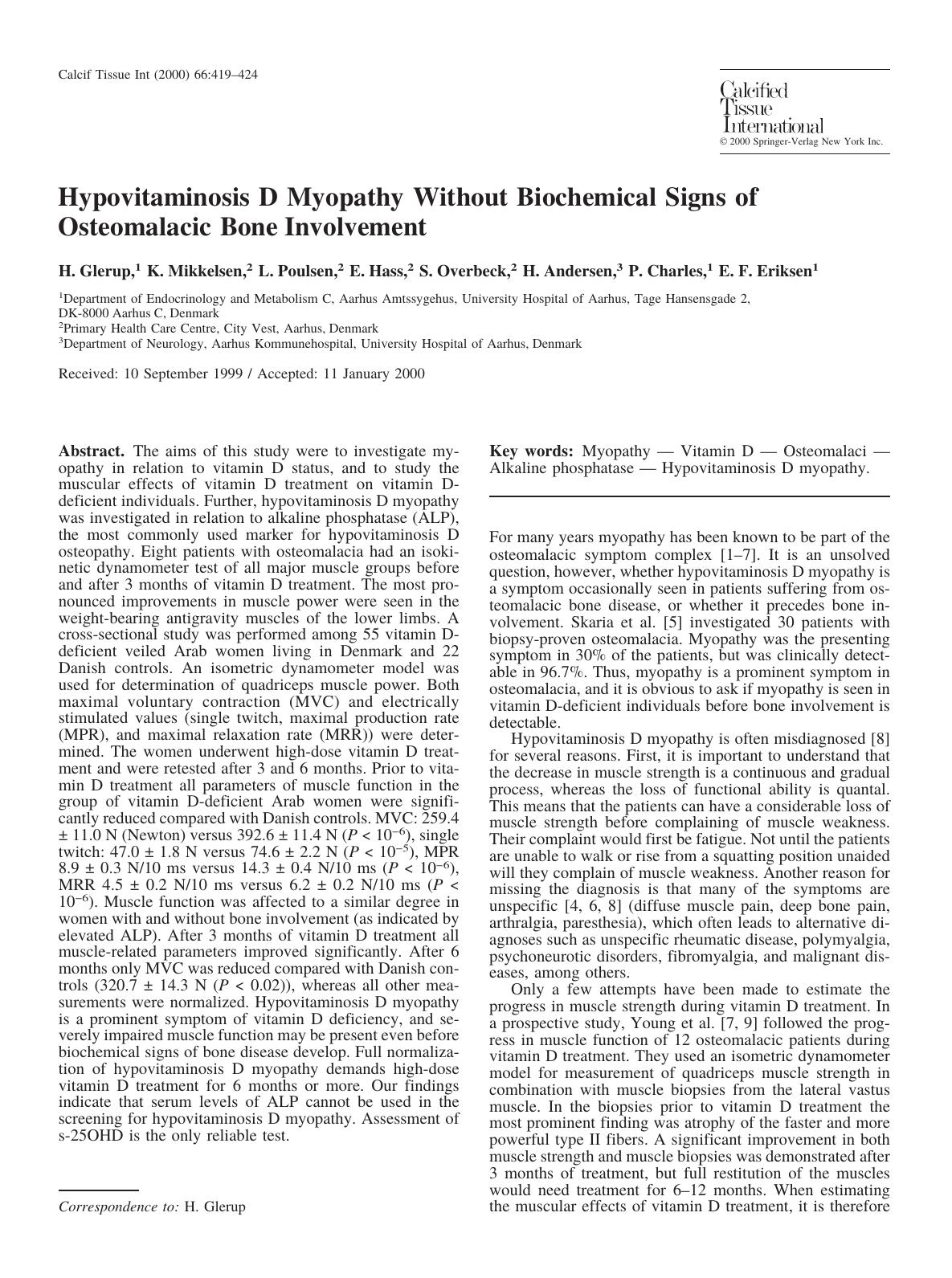 Hypovitaminosis D Myopathy Without Biochemical Signs of Osteomalacic Bone Involvement by Glerup H. et al