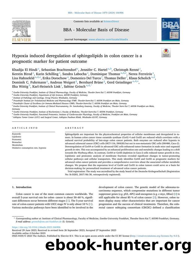 Hypoxia induced deregulation of sphingolipids in colon cancer is a prognostic marker for patient outcome by unknow