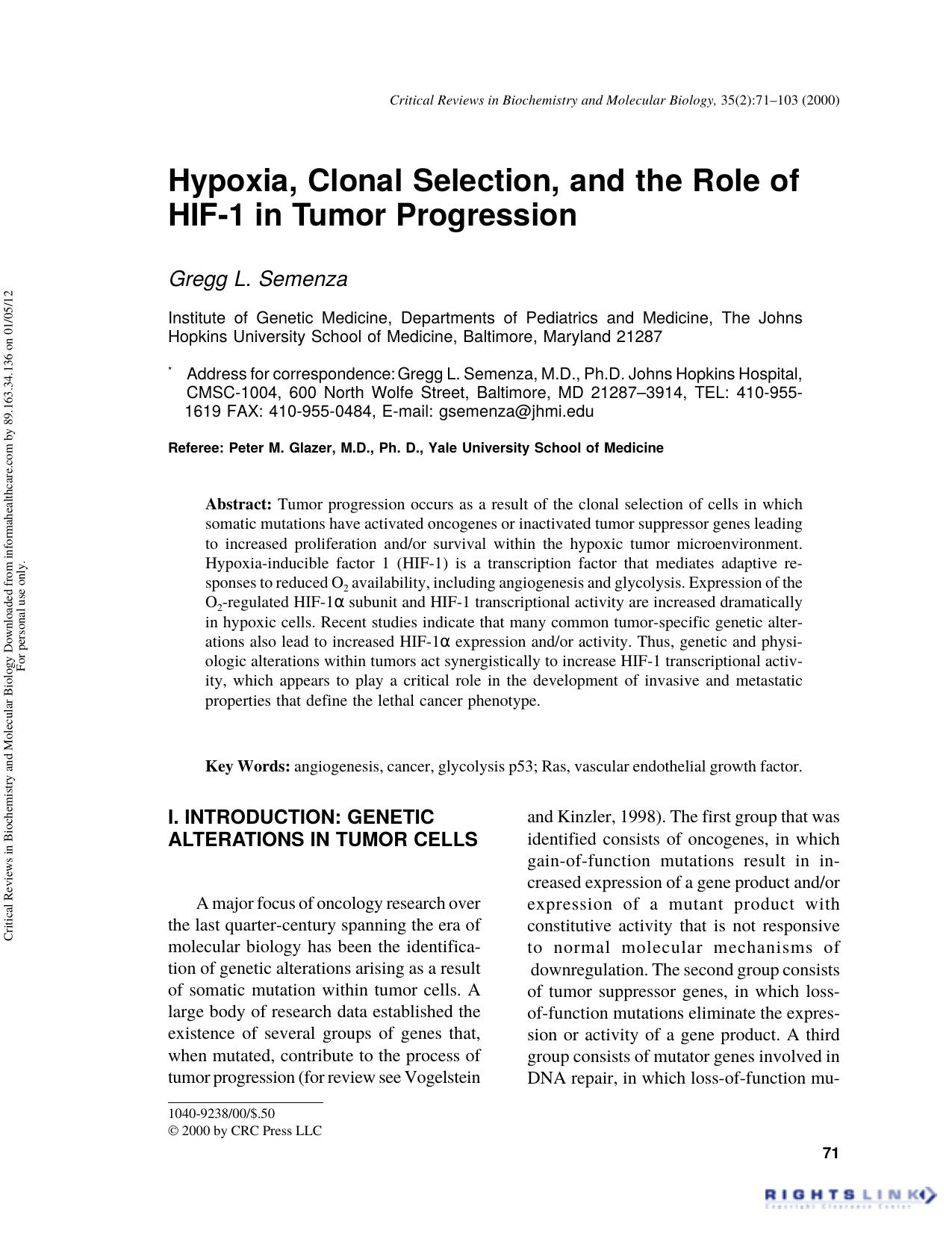 Hypoxia, Clonal Selection, and the Role of HIF-1 in Tumor Progression by Gregg L. Semenza