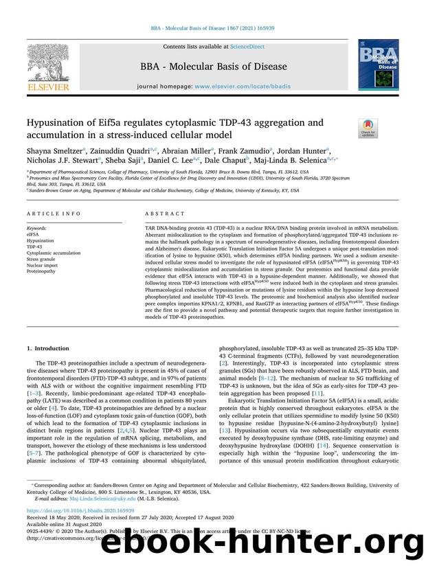 Hypusination of Eif5a regulates cytoplasmic TDP-43 aggregation and accumulation in a stress-induced cellular model by unknow