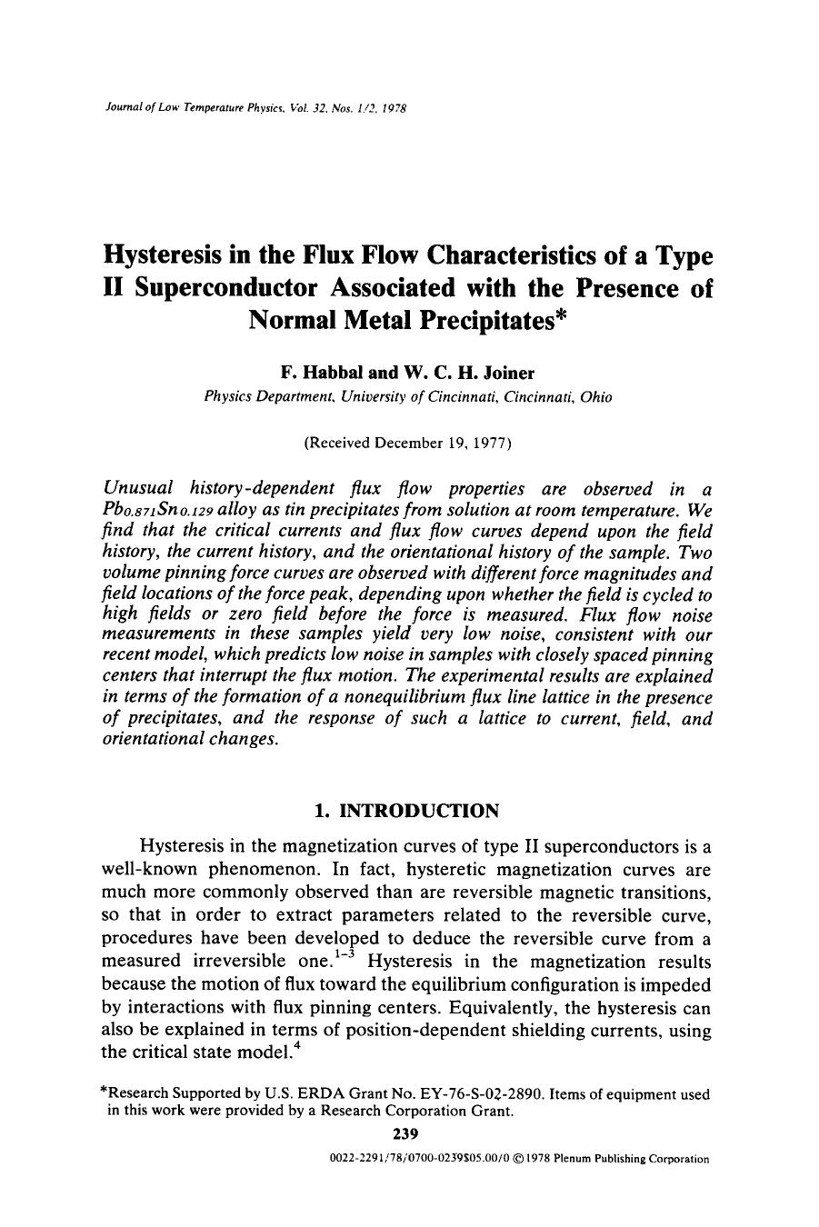 Hysteresis in the flux flow characteristics of a type II superconductor associated with the presence of normal metal precipitates by Unknown