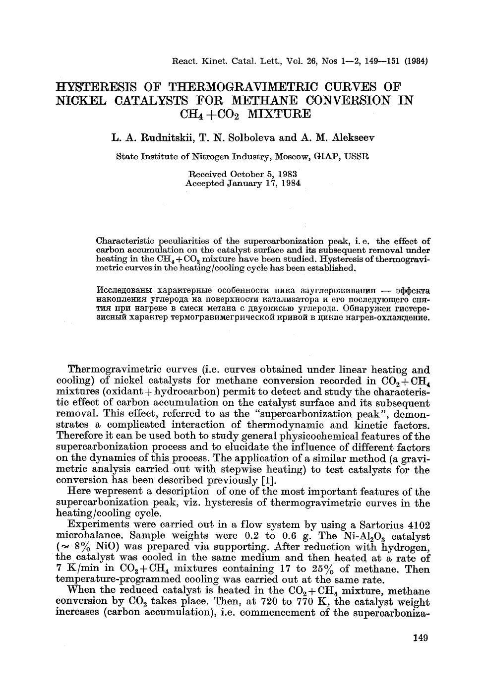 Hysteresis of thermogravimetric curves of nickel catalysts for methane conversion in CH <Subscript>4 <Subscript>&#x002B;CO <Subscript>2 <Subscript> mixture by Unknown