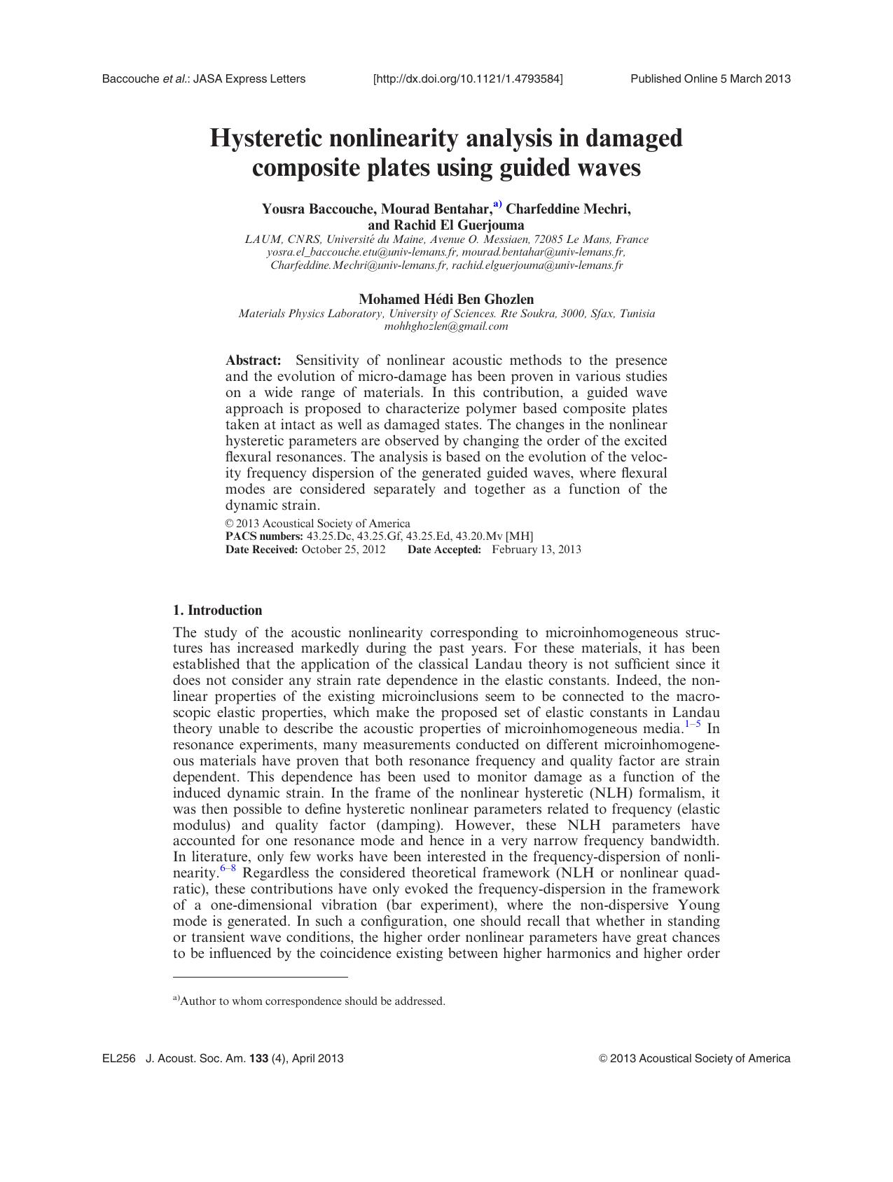 Hysteretic nonlinearity analysis in damaged composite plates using guided waves by unknow
