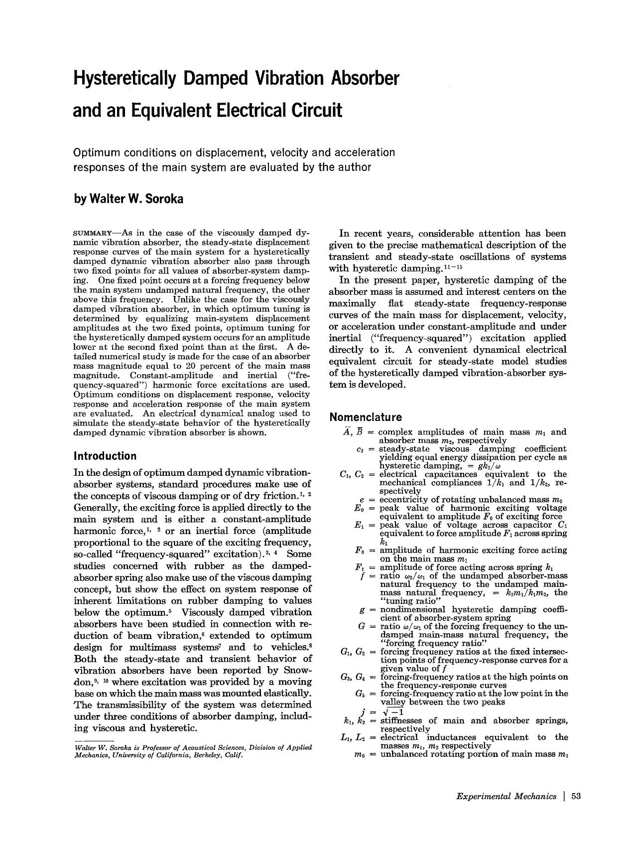 Hysteretically damped vibration absorber and an equivalent electrical circuit by Unknown