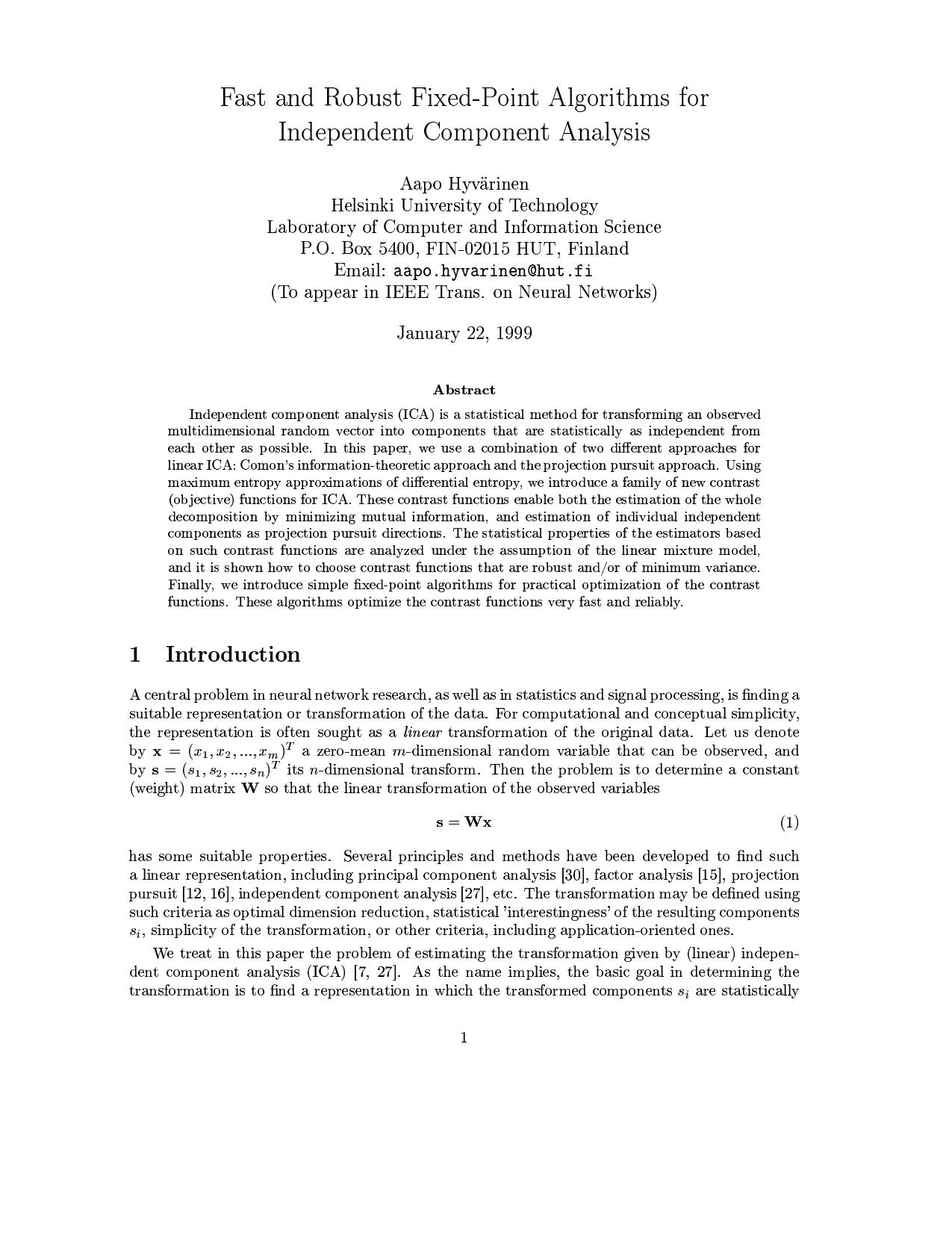 Hyvarinen â Fast and Robust Fixed-Point Algorithms for Independent Component Analysis by Unknown