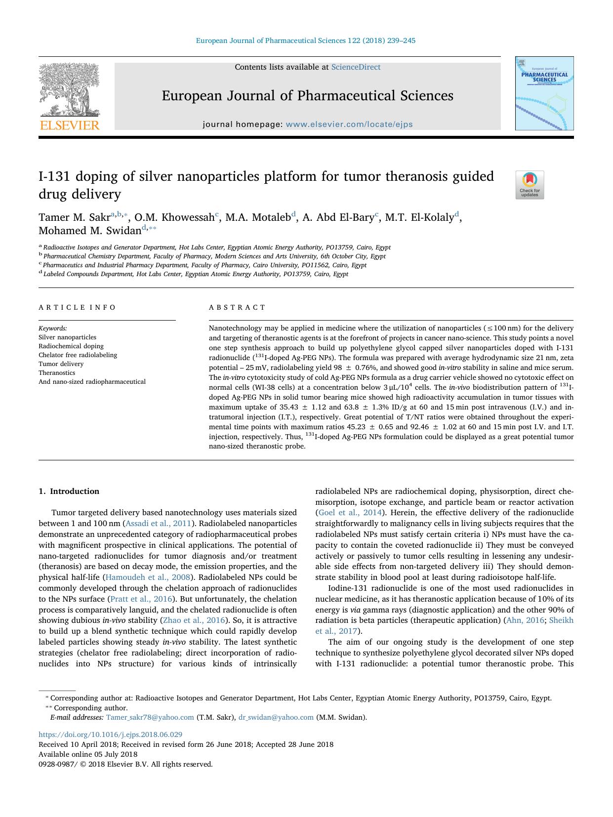 I-131 doping of silver nanoparticles platform for tumor theranosis guided drug delivery by Tamer M. Sakr & O.M. Khowessah & M.A. Motaleb & A. Abd El-Bary & M.T. El-Kolaly & Mohamed M. Swidan