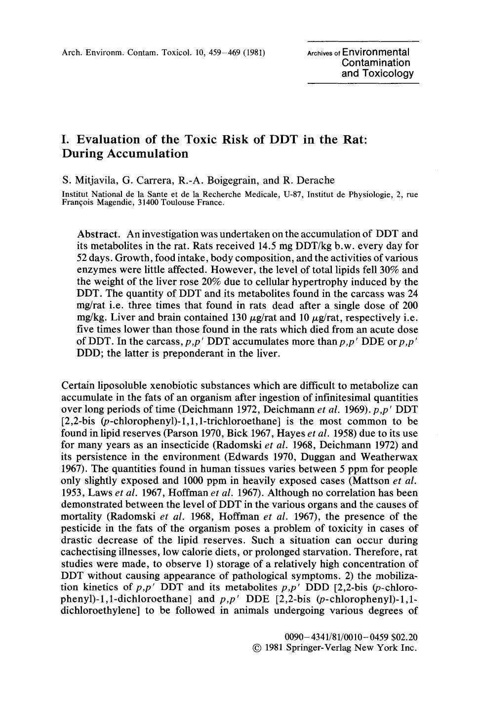 I. Evaluation of the toxic risk of DDT in the rat: During accumulation by Unknown