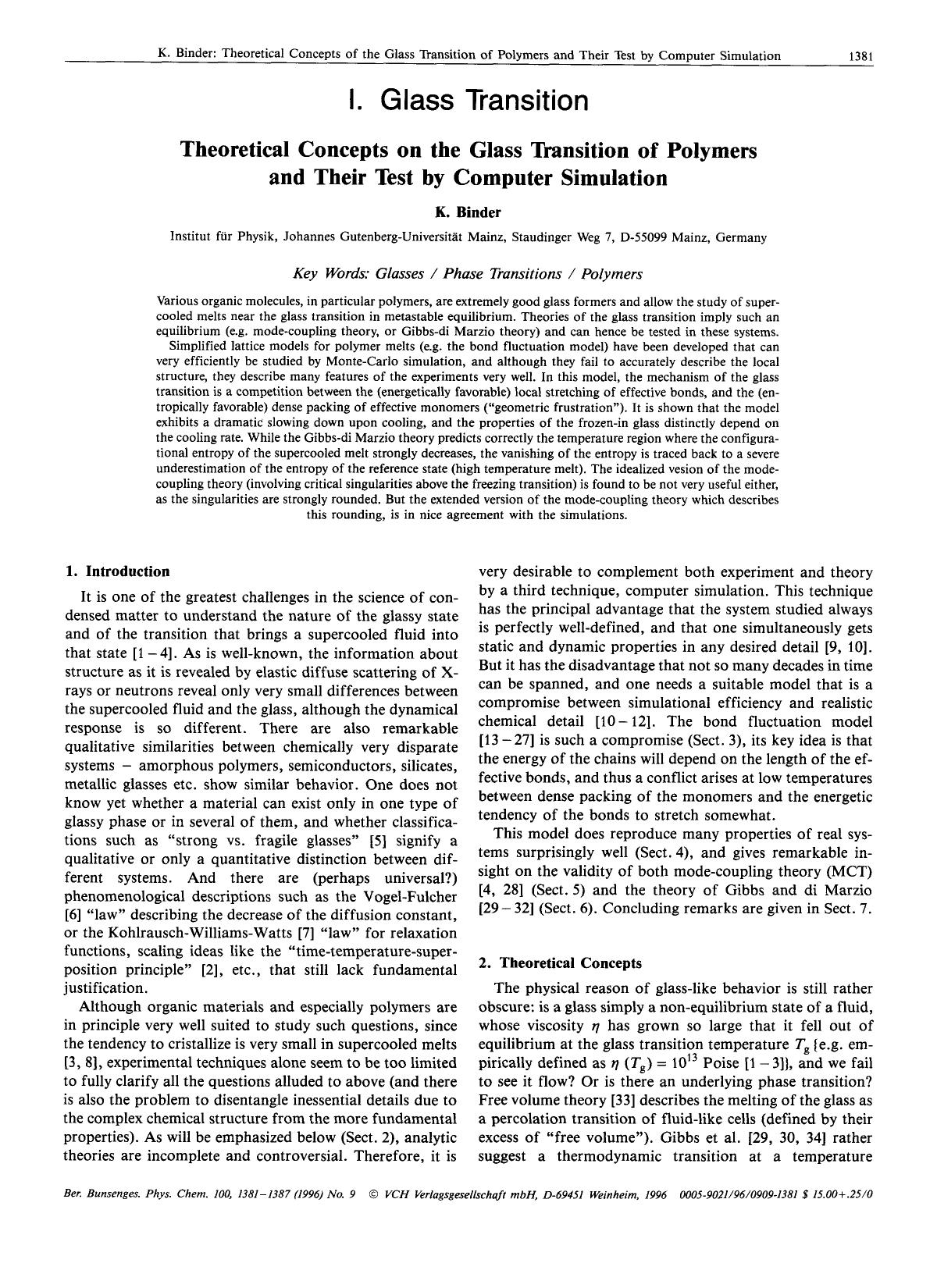 I. Glass Transition. Theoretical concepts on the glass transition of polymers and their test by computer simulation by Unknown