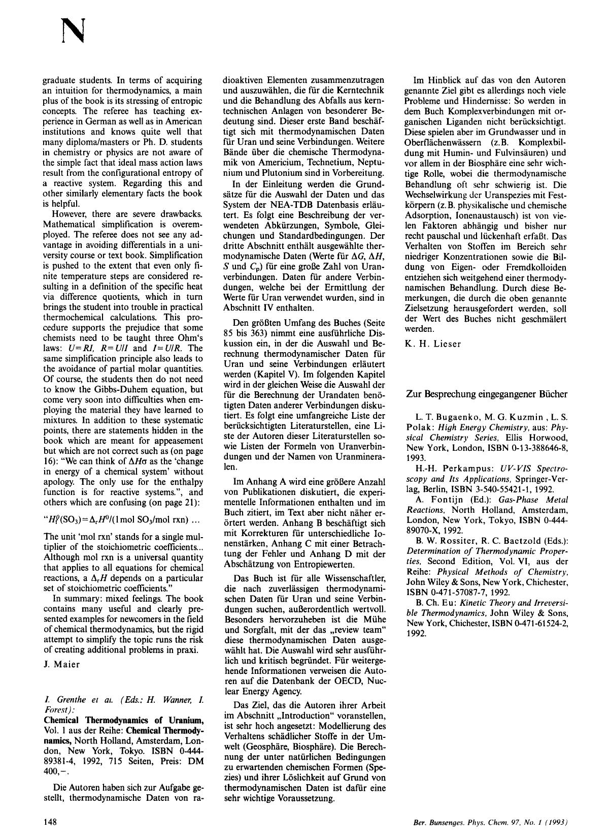 I. Grenthe et al. (Eds.: H. Wanner, I. Forest): Chemical Thermodynamics of Uranium, Vol. 1 aus der Reihe: Chemical Thermodynamics, North Holland, Amsterdam, London, New York, Tokyo by Unknown