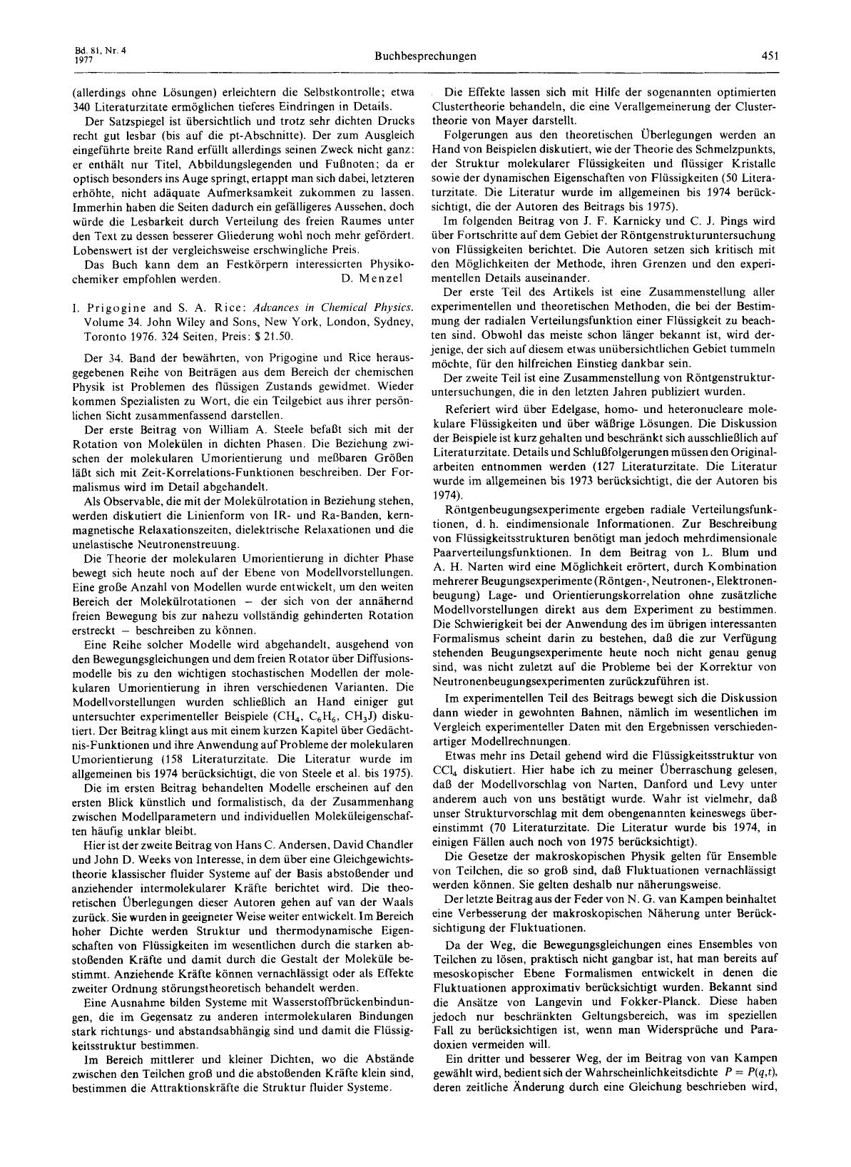 I. Prigogine and S. A. Rice: Advances in Chemical Physics. Volume 34. John Wiley and Sons, New York, London, Sydney, Toronto 1976. 324 Seiten, Preis: [dollar] 21.50. by Unknown