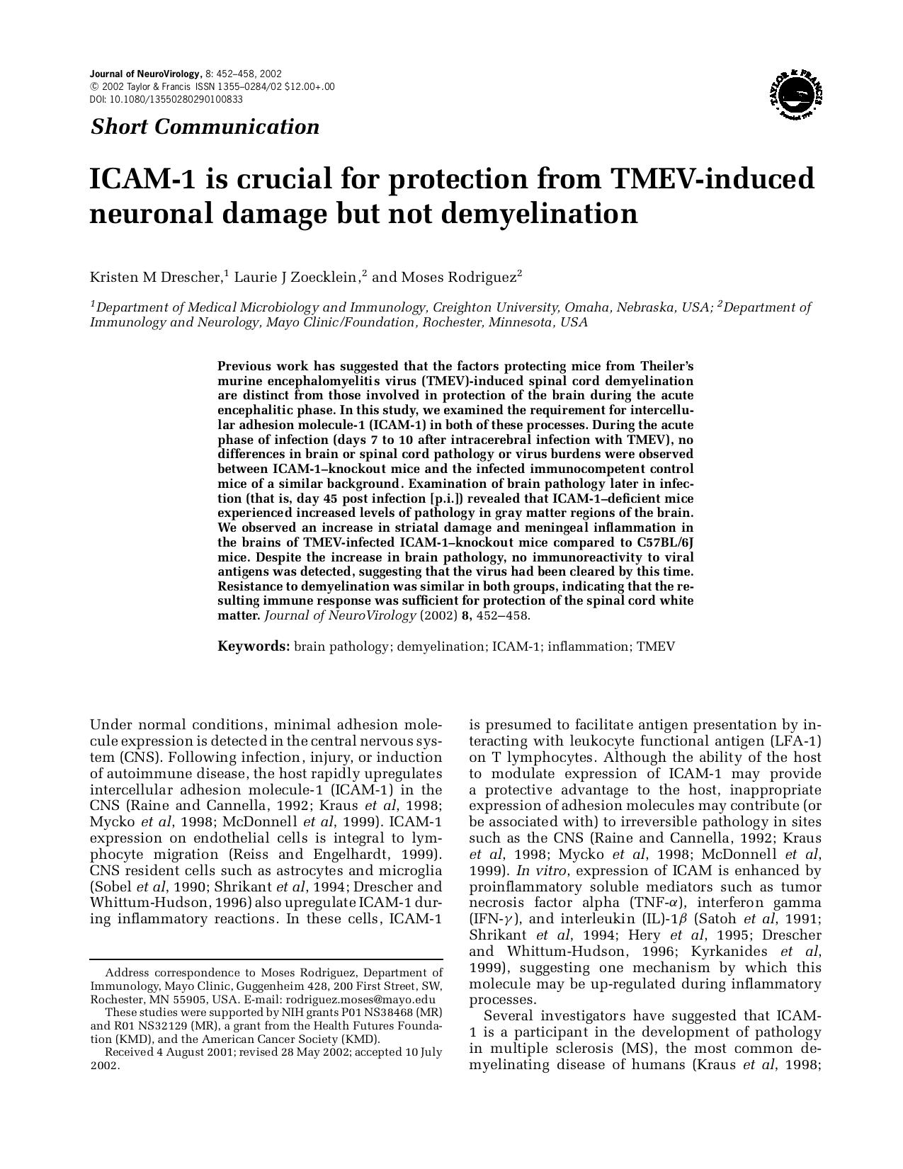 ICAM-1 is crucial for protection from TMEV-induced neuronal damage but not demyelination by Unknown