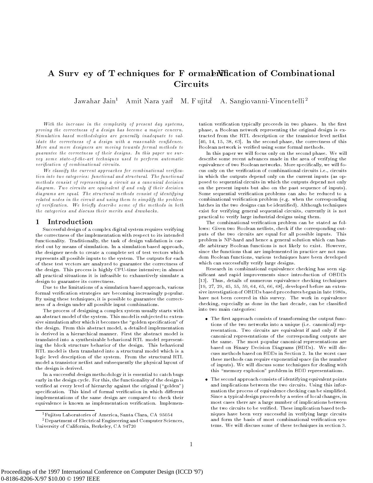 ICCD'97: A Survey of Techniques for Formal Verification of Combinational Circuits by Unknown