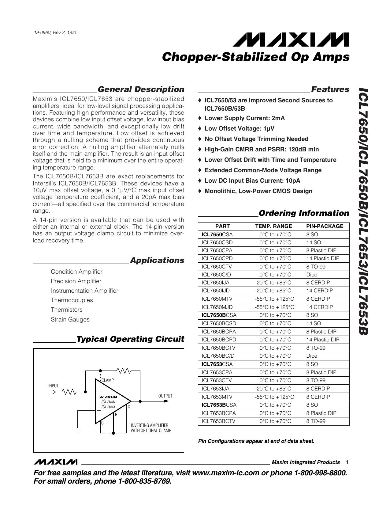 ICL7650ICL7650BICL7653ICL7653B Full Data Sheet (PDF) by Maxim