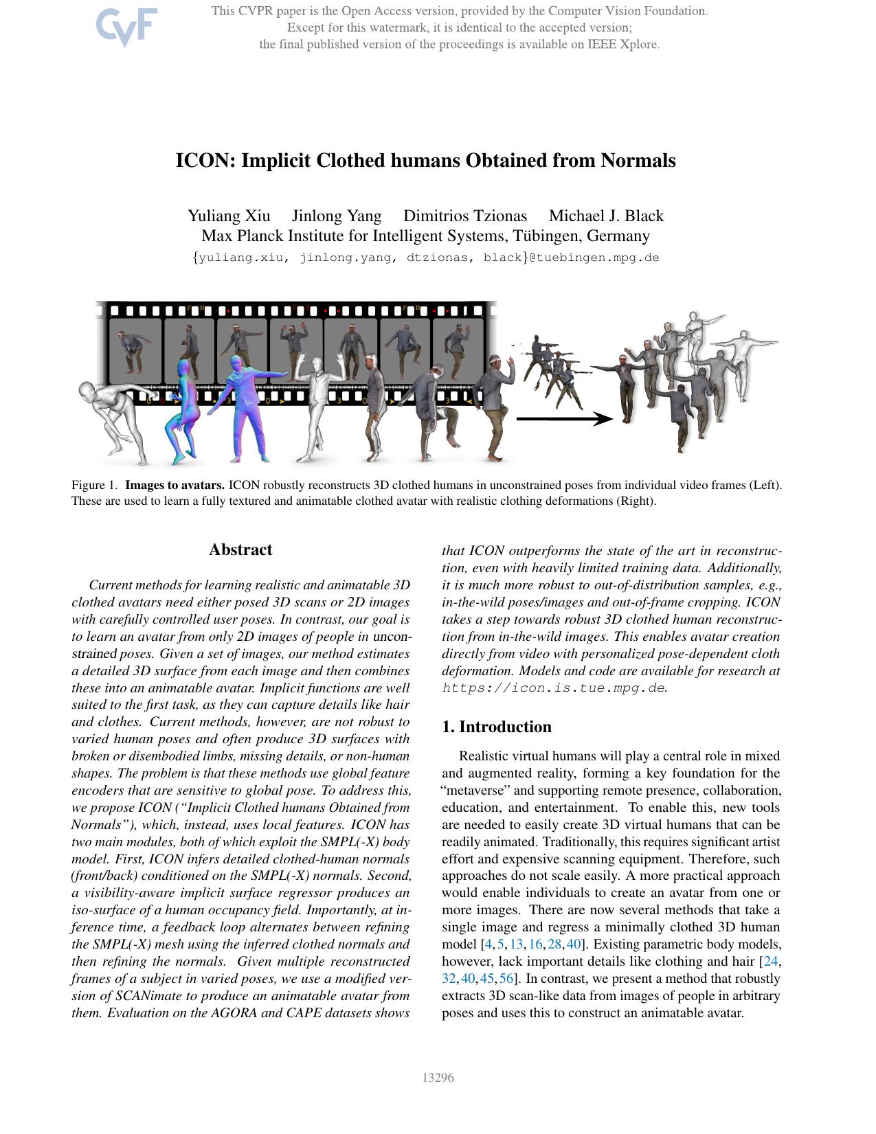 ICON: Implicit Clothed Humans Obtained From Normals by Yuliang Xiu & Jinlong Yang & Dimitrios Tzionas & Michael J. Black