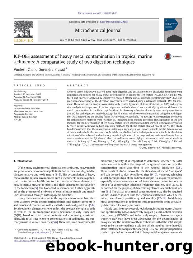 ICP-OES assessment of heavy metal contamination in tropical marine sediments: A comparative study of two digestion techniques by Vimlesh Chand & Surendra Prasad