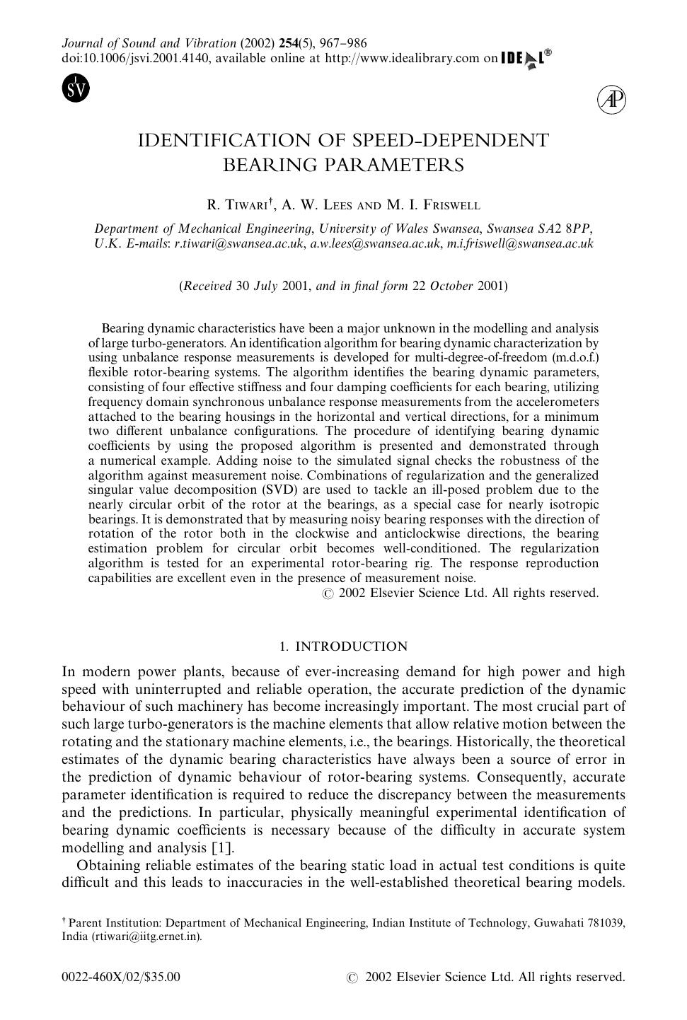 IDENTIFICATION OF SPEED-DEPENDENT BEARING PARAMETERS by TIWARI R. et al