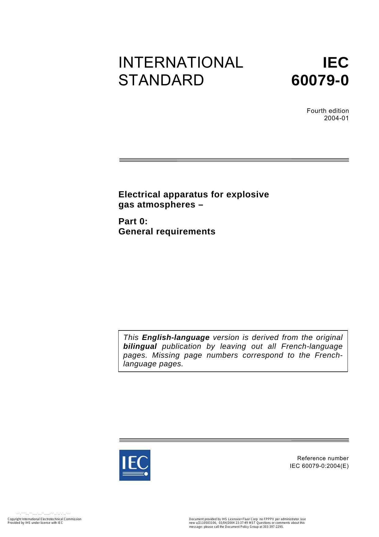 IEC 60079-0 - 2004 - Electrical Apparatus For Explosive Gas Atmospheres - General Requirements by Part 0