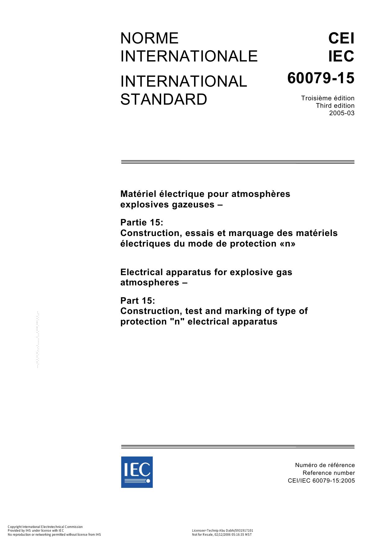 IEC 60079-15 Electrical apparatus for explosive gas atmospheres by Construction test & marking of type of protection n electrical apparatus