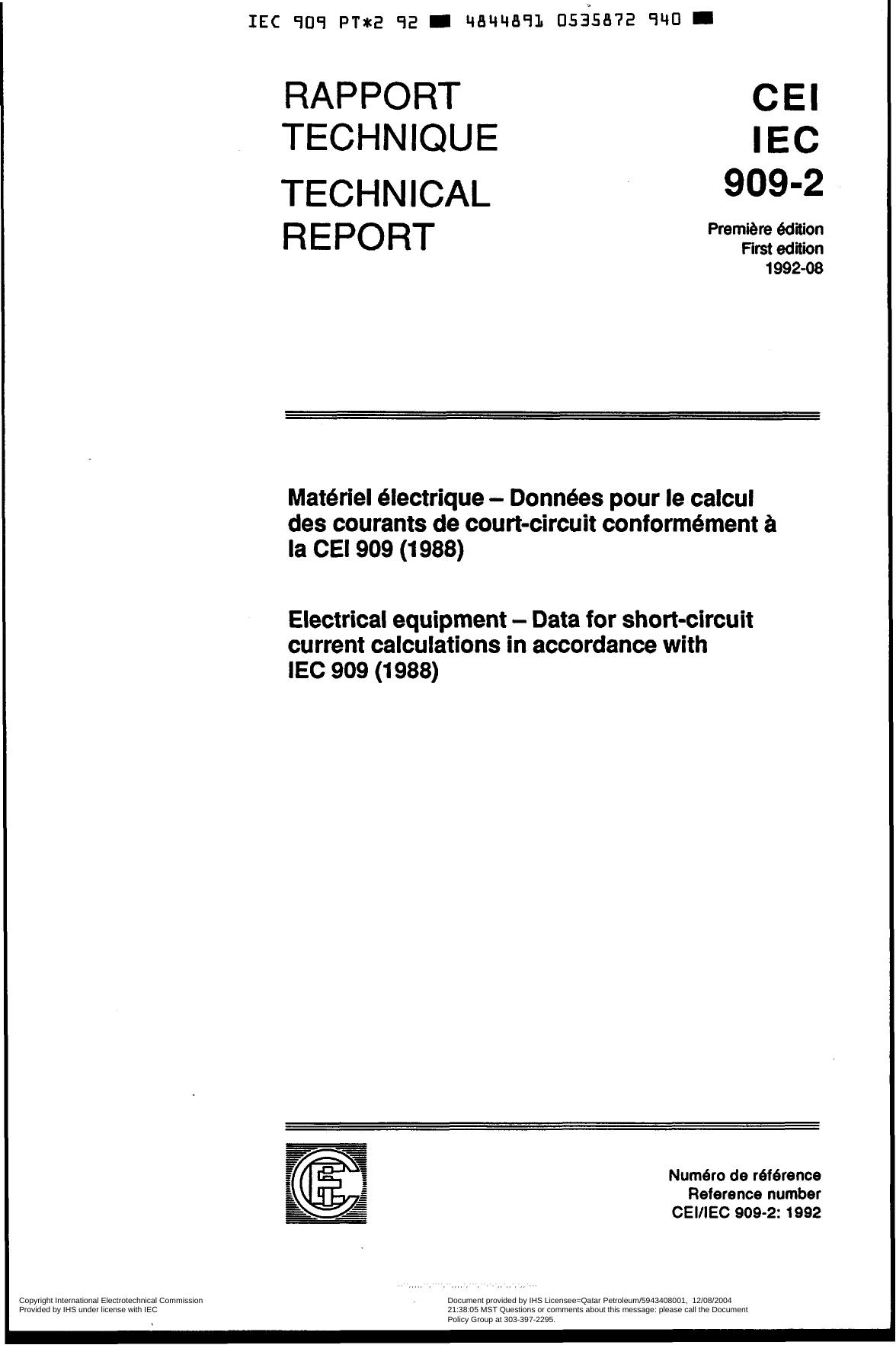 IEC 60909-2 Electrical equipment by Data for short-circuit current calculations