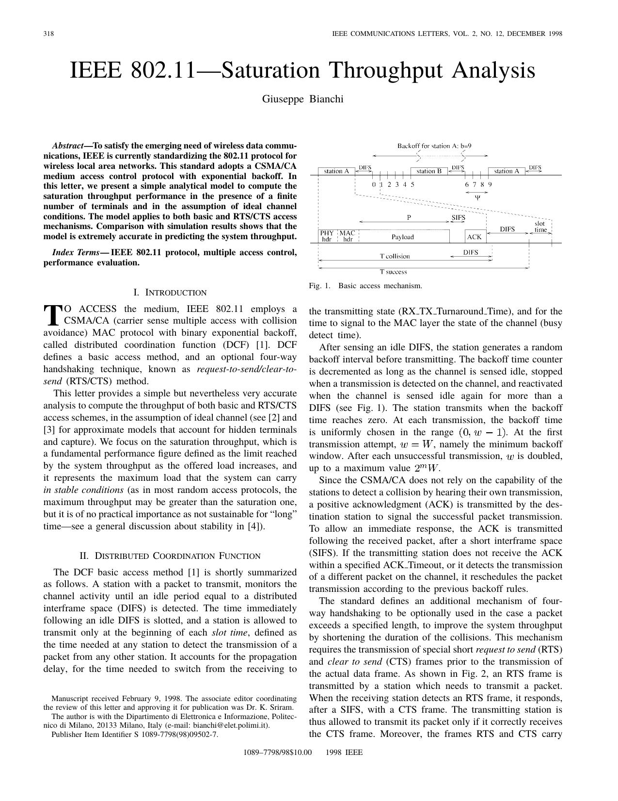 IEEE 802.11-saturation Throughput Analysis - IEEE Communications Letters by IEEE