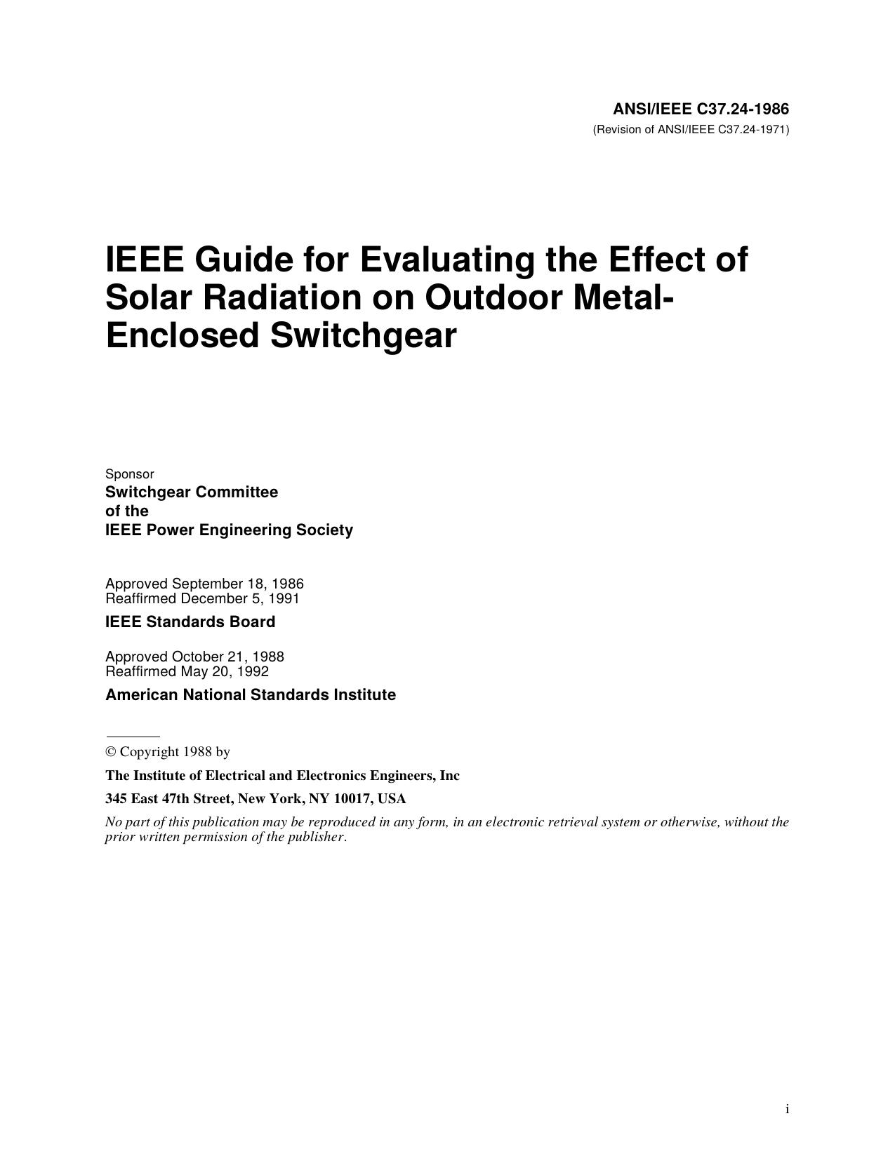 IEEE Guide for Evaluating the Effect of Solar Radiation on Outdoor Metal-Enclosed Switchgear - ANSIIEEE C37.24-1986 (Revision of ANSIIEEE C37.24-1971) by Unknown