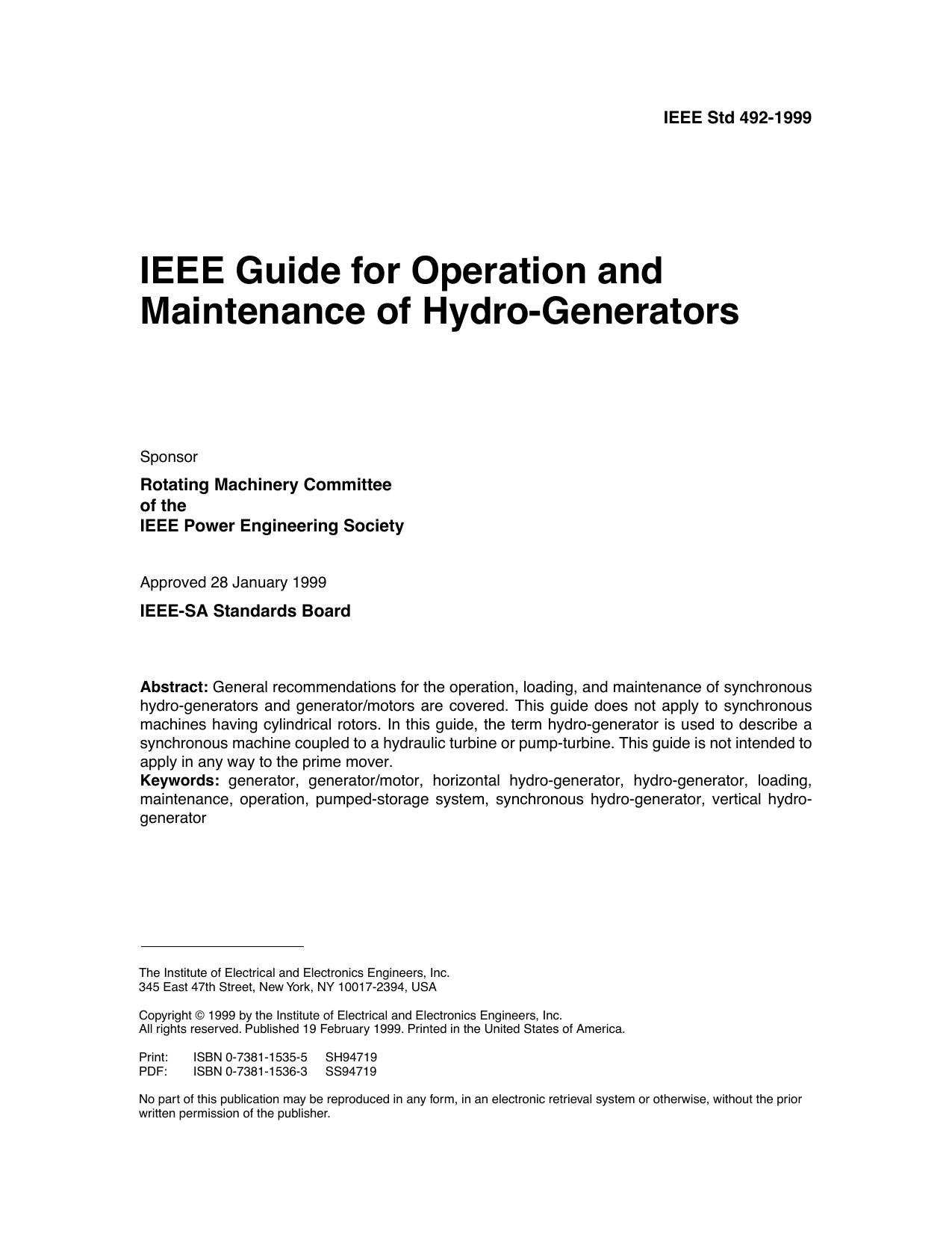 IEEE Guide for Operation and Maintenance of Hydro-Generators - IEEE Std 492-1999 by IEEE