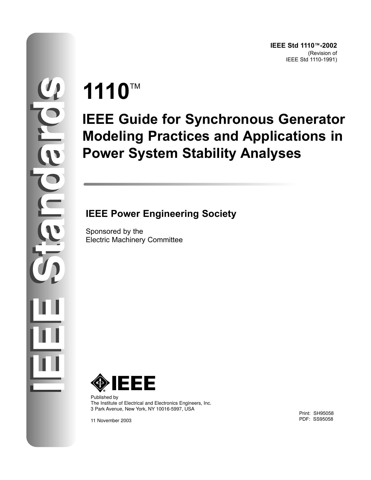 IEEE Guide for Synchronous Generator Modeling Practices and Applications in Power System Stability Analyses - IEEE Std 1110-2002 (Revision of IEEE Std 1110-1991) by Unknown