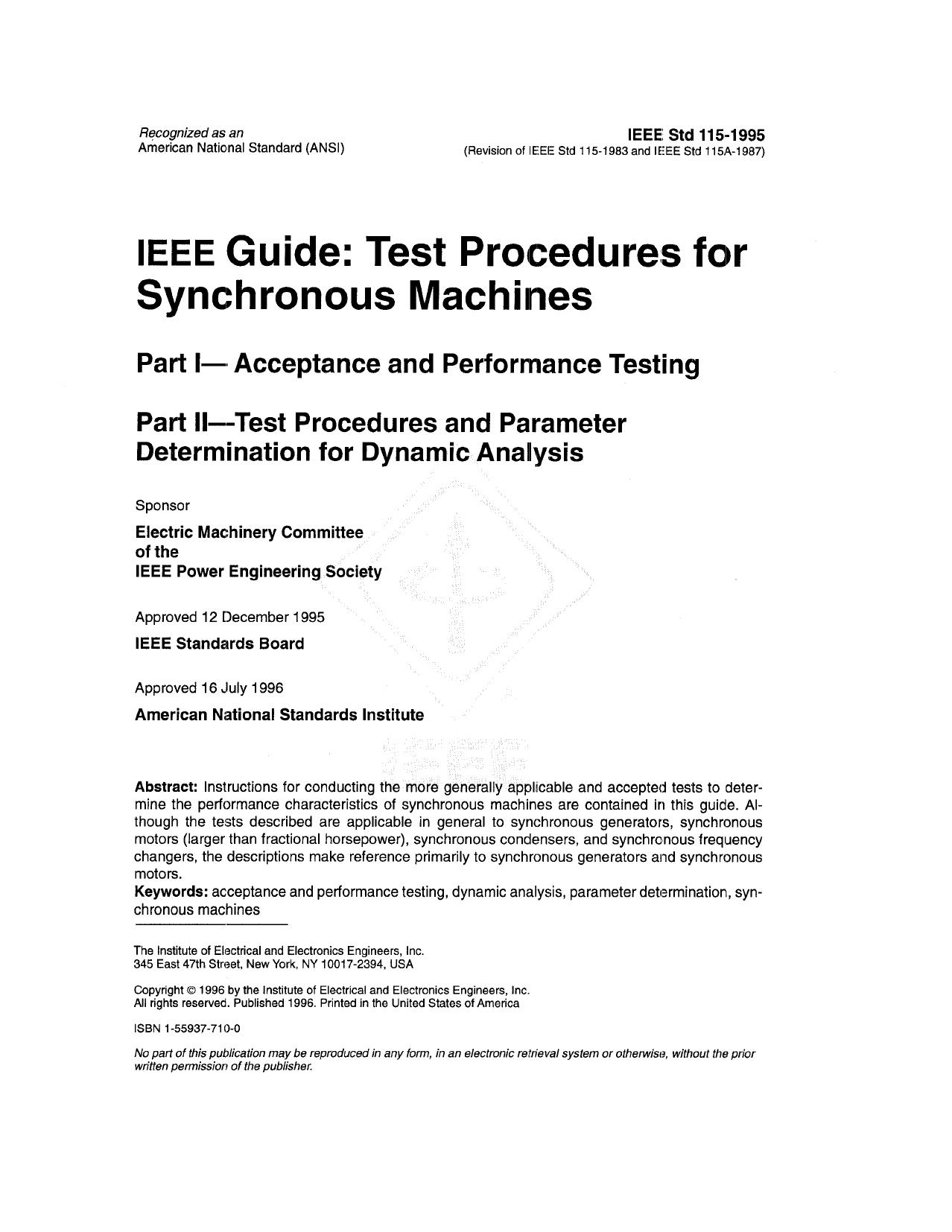 IEEE Guide: Test Procedures for Synchronous Machines - IEEE Std 115-1996 by IEEE