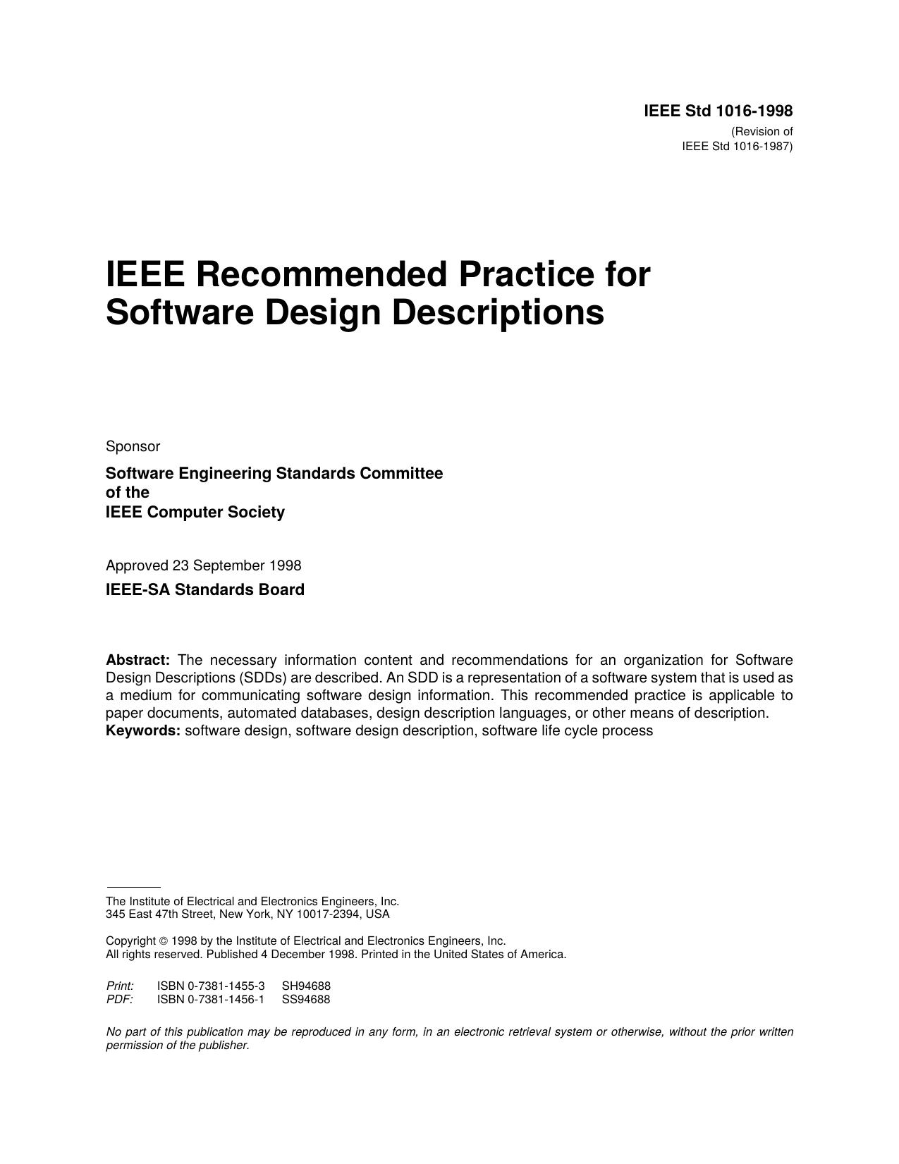 IEEE Recommended Practice For Software Design Descriptions - IEEE Std 1016-1998 by IEEE