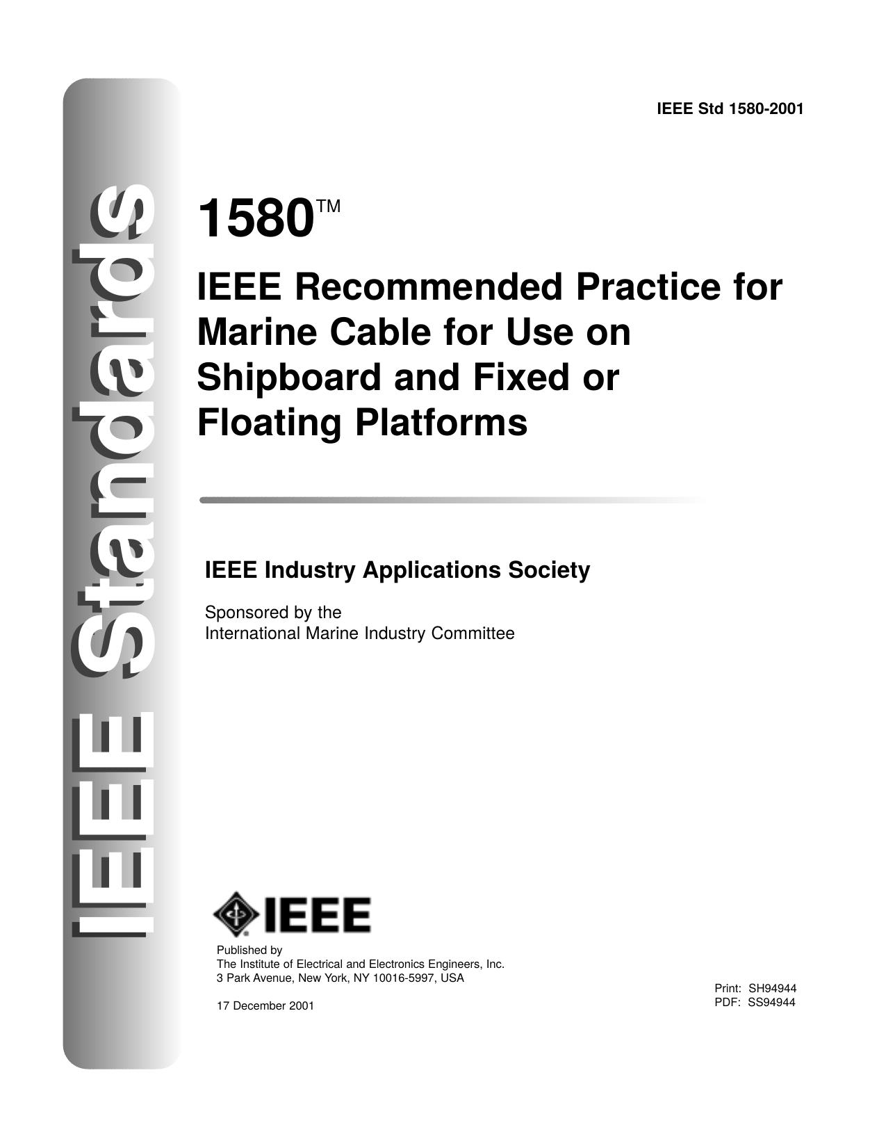 IEEE Recommended Practice for Marine Cable for Use on Shipboard and Fixed or Floating Platforms - IEEE Std 1580-2001 by Unknown
