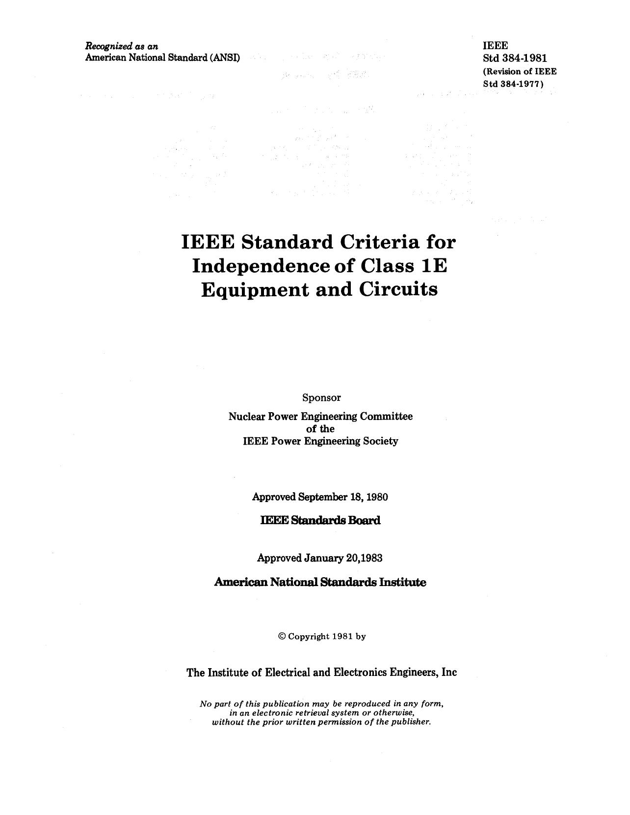 IEEE Standard Criteria For Independence Of Class Le Equipment And Circuits - IEEE Standard Criteria for Independence of Class lE Equipment and Circuits (Std 384-1981) by IEEE