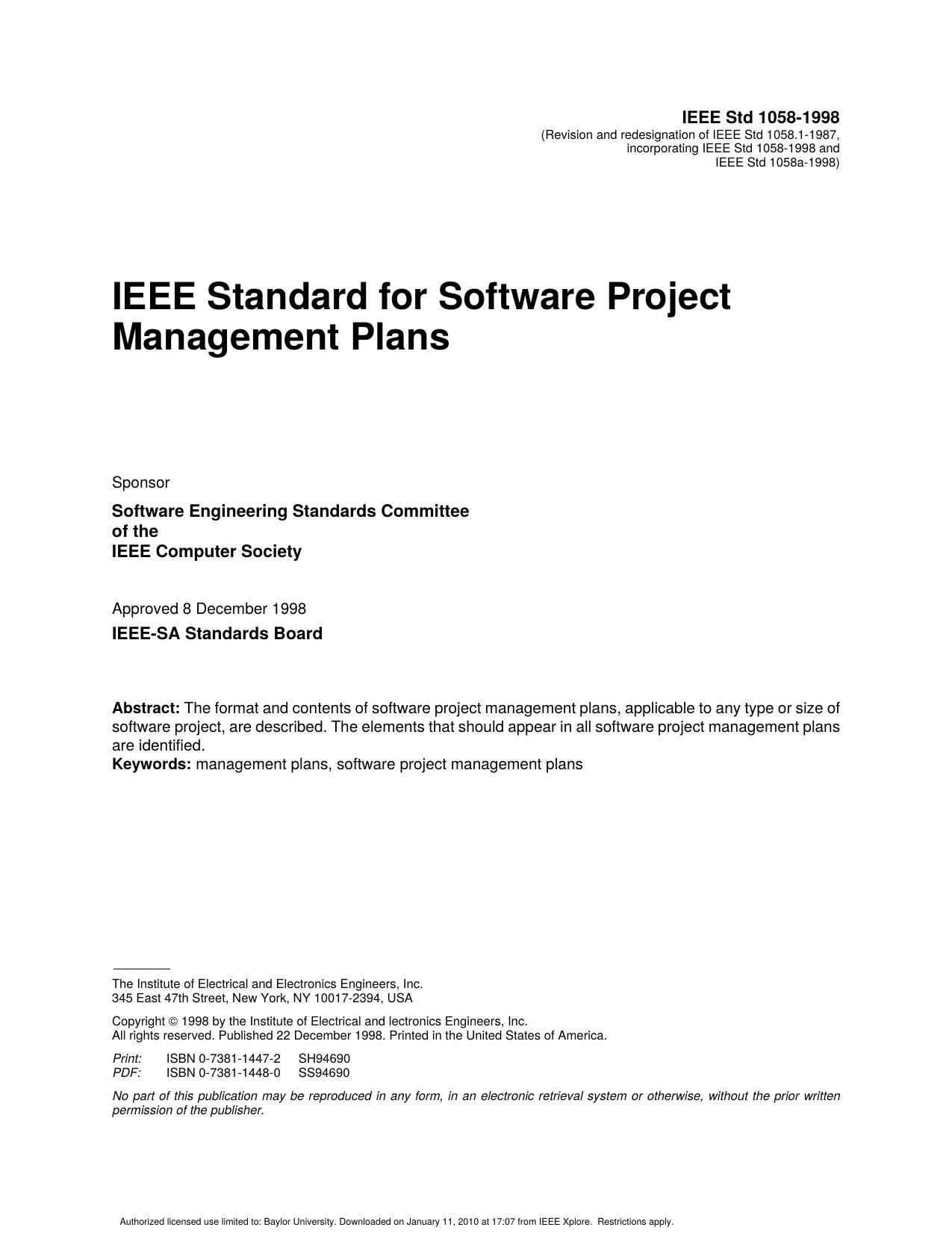 IEEE Standard For Software Project Management Plans - IEEE Std 1058-1998 by IEEE