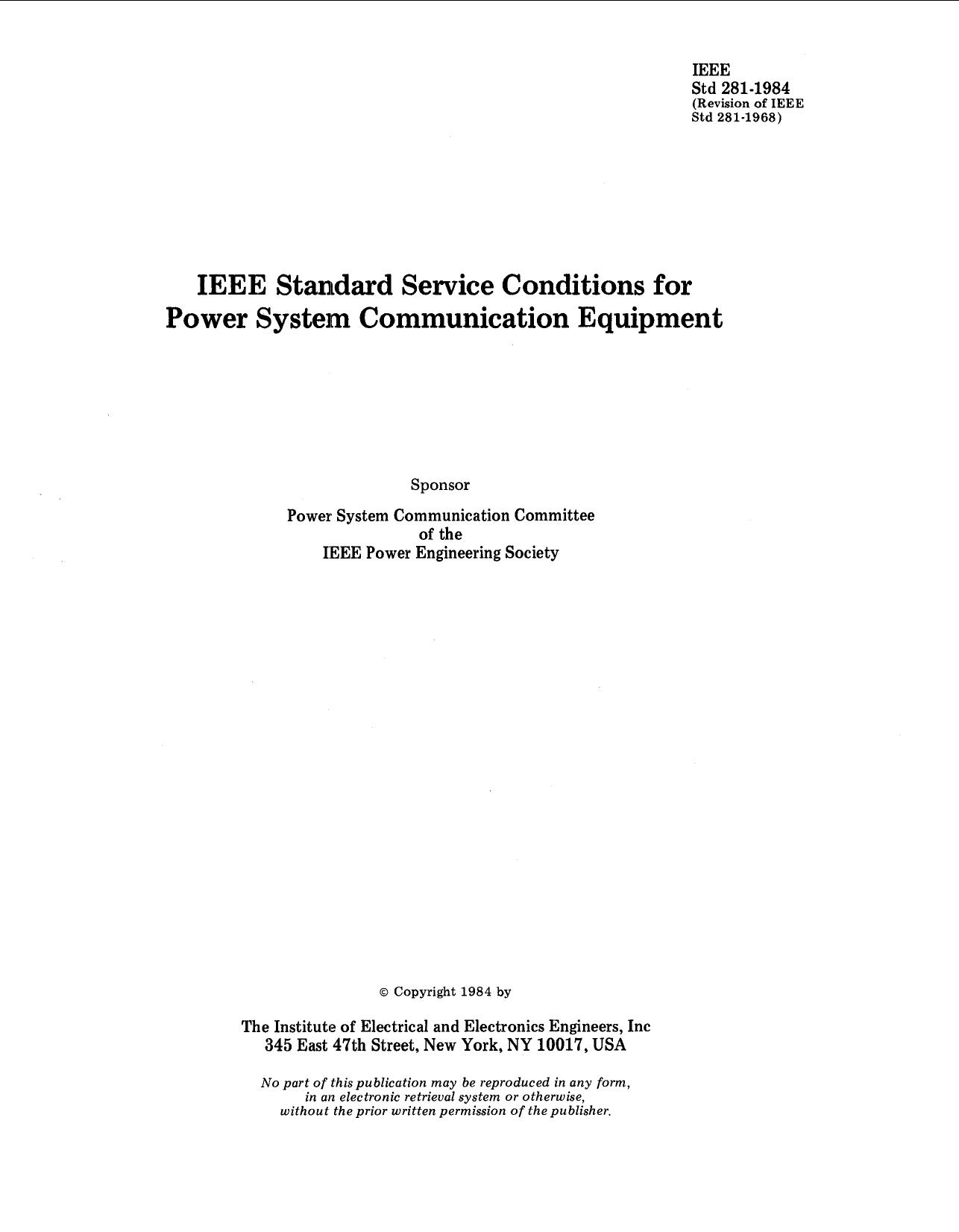 IEEE Standard Service Conditions For Power System Communication Equipment - IEEE Std 281-1984 by IEEE