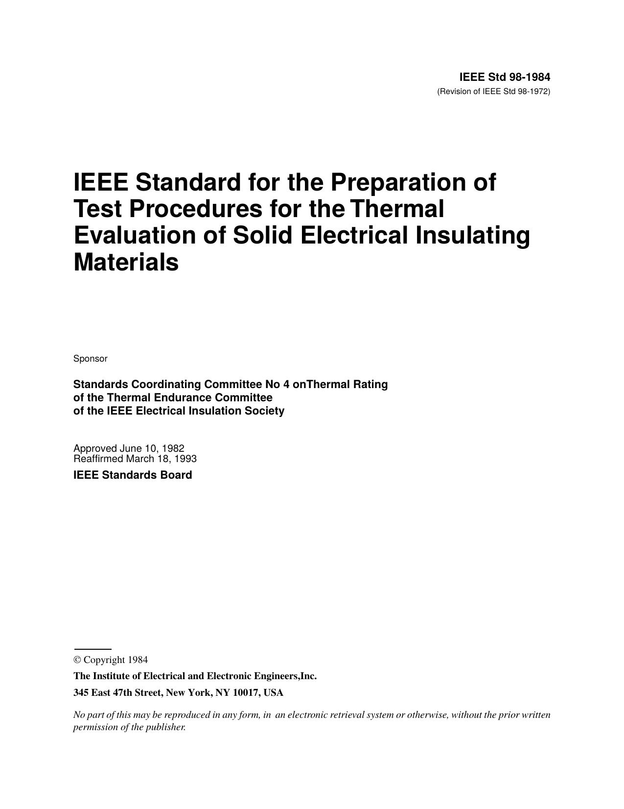 IEEE Standard for the Preparation of Test Procedures for the Thermal Evaluation of Solid Electrical Insulating Materials - IEEE Std 98-1984 (Revision of IEEE Std 98-1972) by Unknown