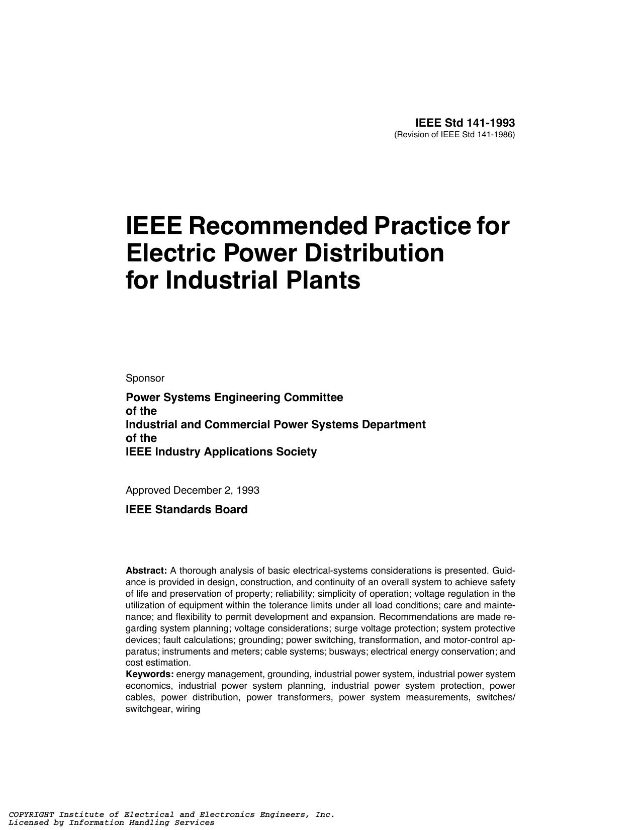 IEEE Std 141-1993 Revision of IEEE Std 141-1986 IEEE Recommended Practice for Electric Power Distribution for Industrial Plants by unknow