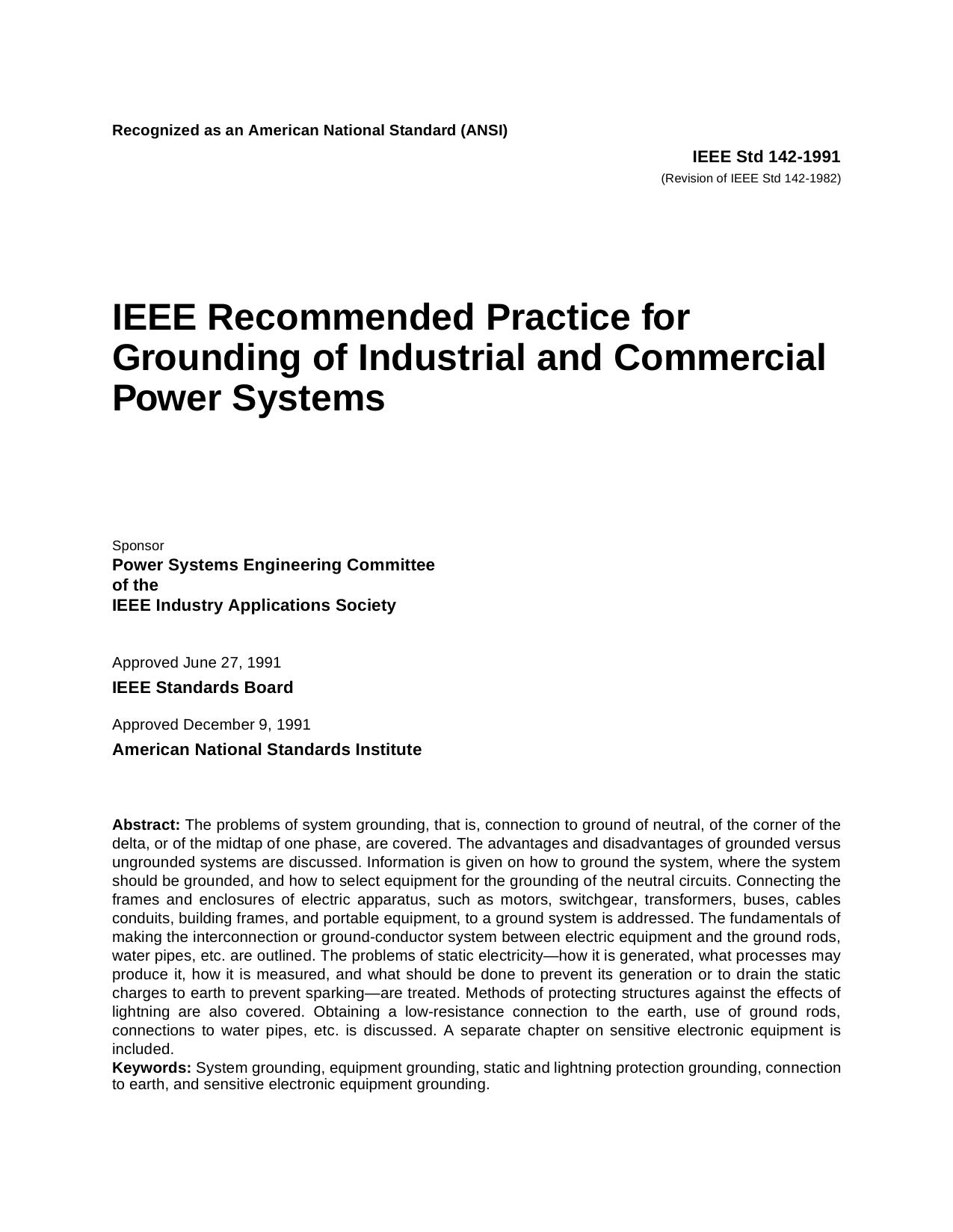 IEEE Std 142-1982, IEEE Recommended Practice for Grounding of Industrial and Commercial Power Systems by Institute of Electrical & Electronics Engineers