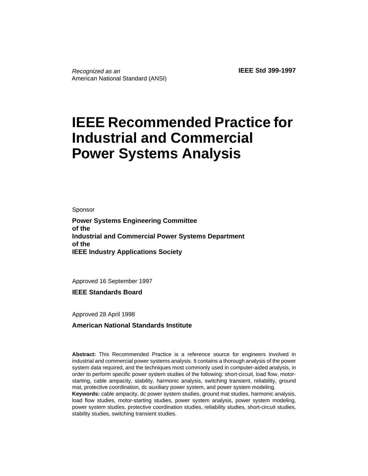 IEEE Std 399-1997, IEEE Recommended Practice for Industrial and Commercial Power Systems Analysis by Institute of Electrical & Electronics Engineers