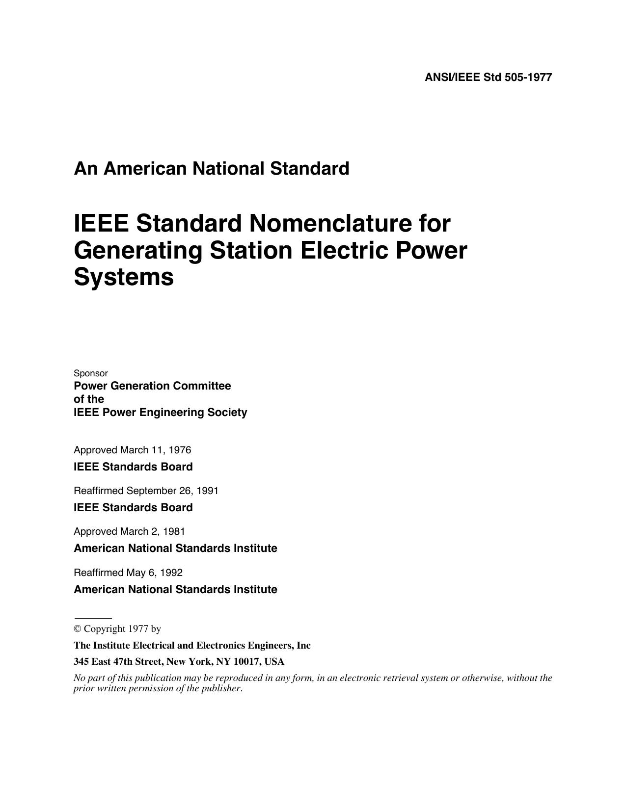 IEEE Std 505-1977 IEEE Standard Nomenclature for Generating Station Electric Power Systems by Power Generation Committee of the IEEE Power Engineering Society
