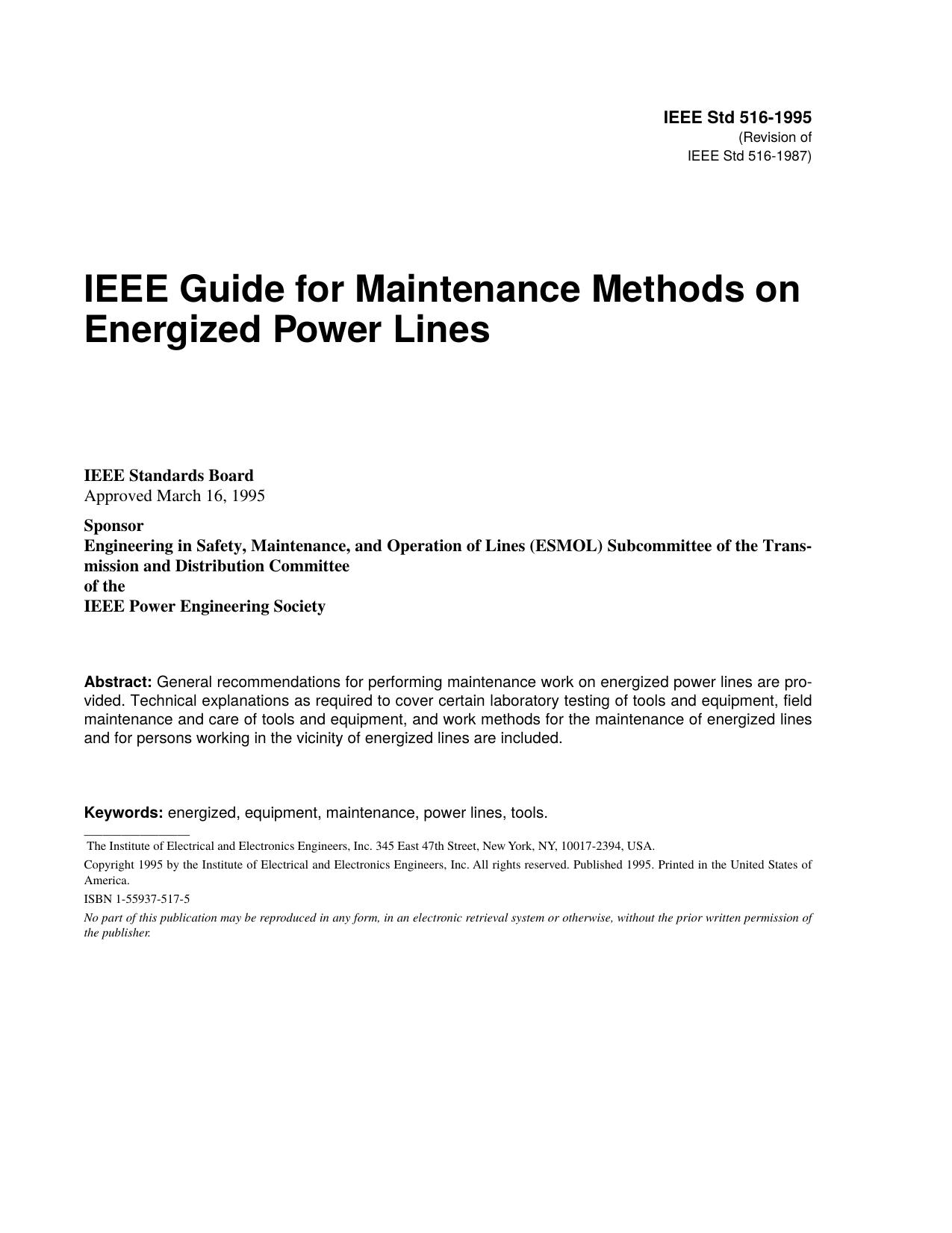 IEEE Std 516-1995 IEEE Guide for Maintenance Methods on Energized Power Lines by unknow