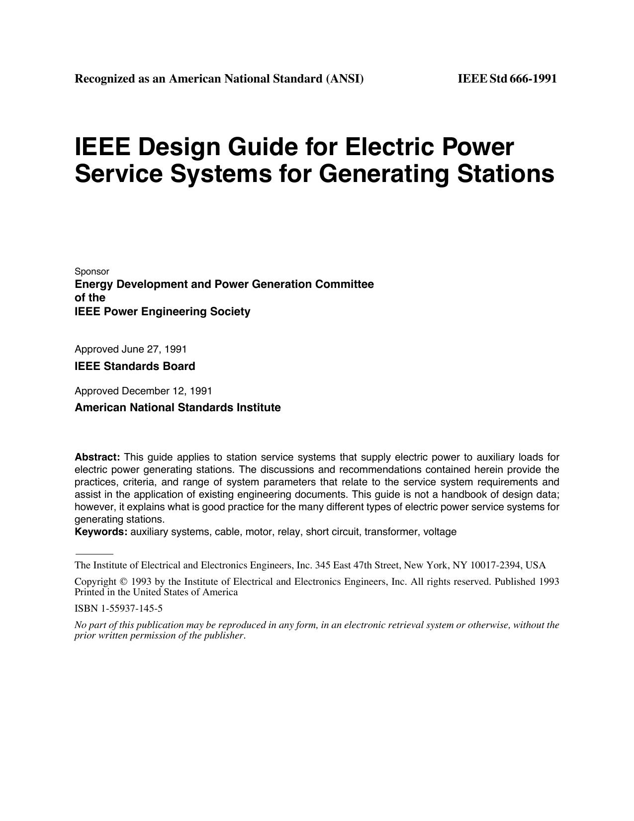 IEEE Std 666-1991 IEEE Design Guide for Electric Power Service Systems for Generating Stations by Energy Development & Power Generation Committee of the IEEE Power Engineering Society