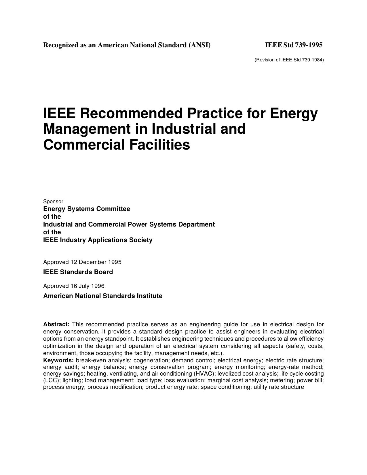 IEEE Std 739-1995 (Revision of IEEE Std 739-1984) IEEE Recommended Practice for Energy Management in Industrial and Commercial Facilities by unknow