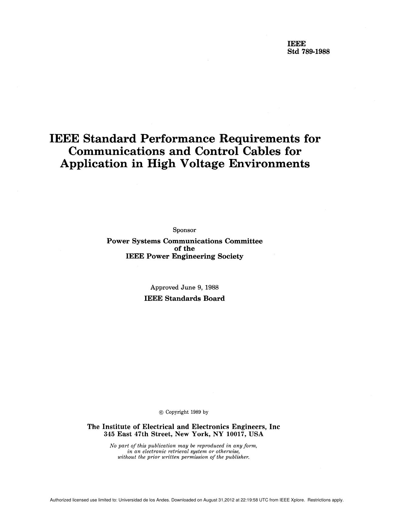 IEEE Std 789-1988 IEEE Standard Performance Requirements For Communications And Control Cables For A - IEEE Std 789-1988 by IEEE
