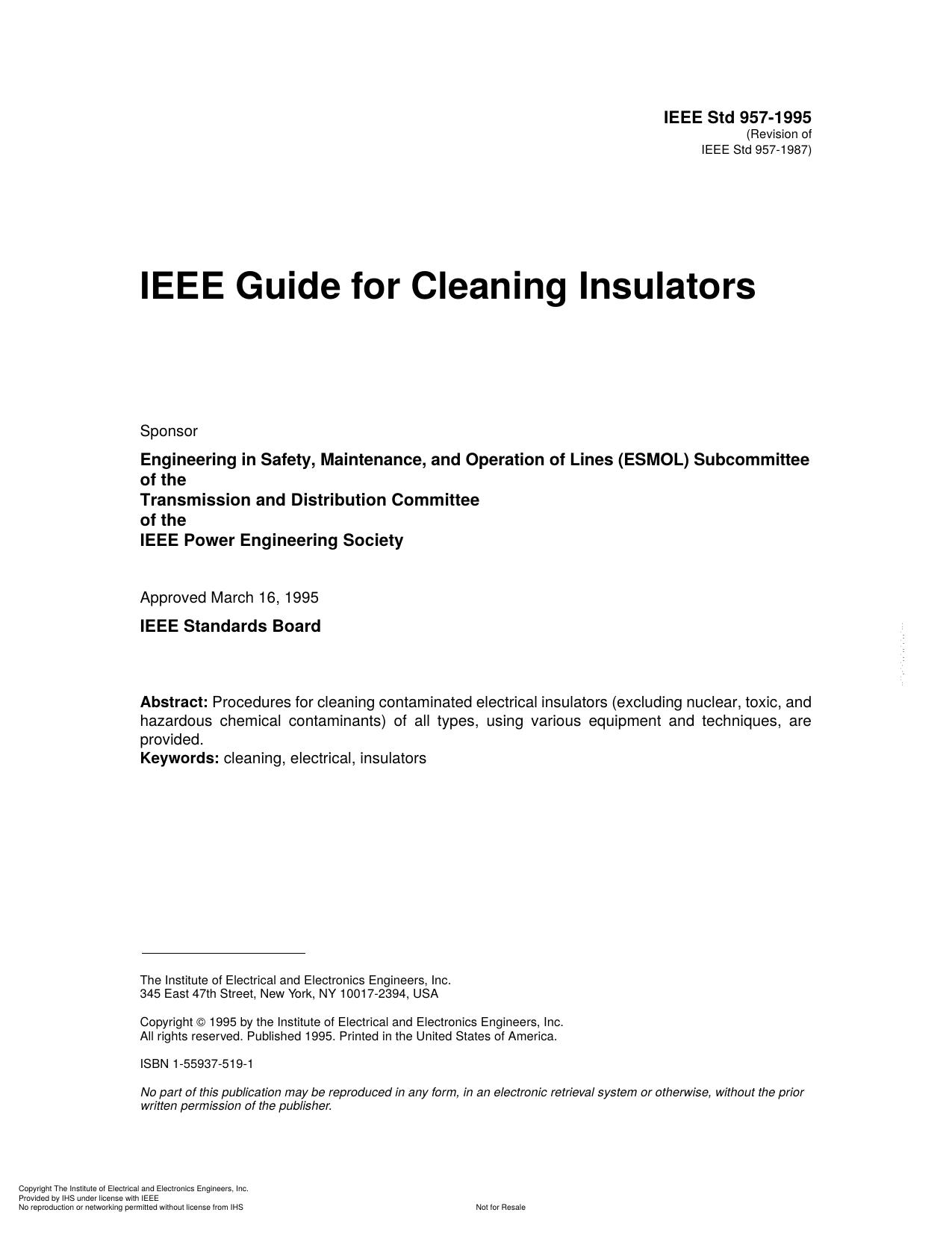 IEEE Std 957-1995 (Revision of IEEE Std 957-1987) IEEE Guide for Cleaning Insulators by unknow